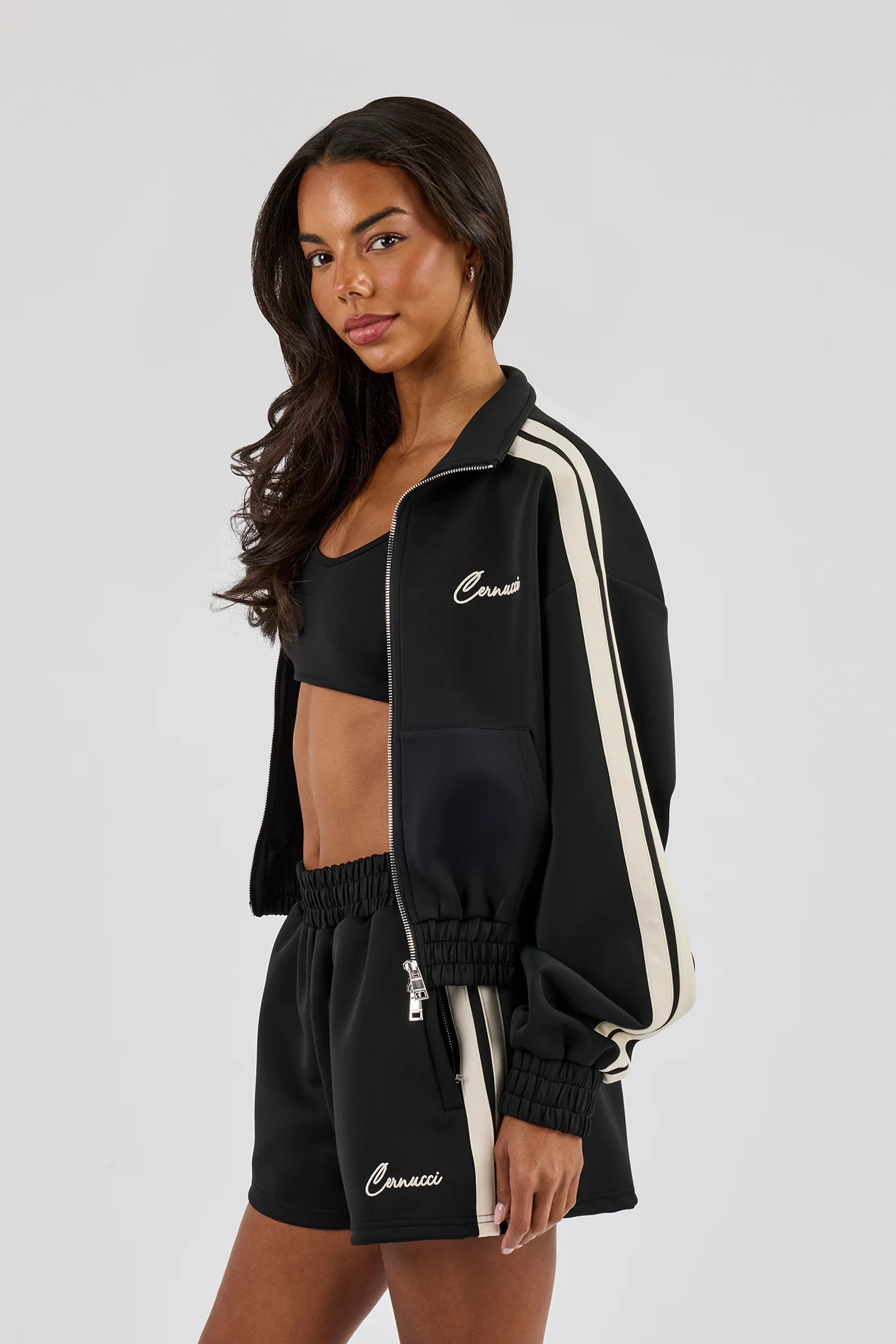 Taping Cropped Funnel Neck Jacket - Black - Image 2