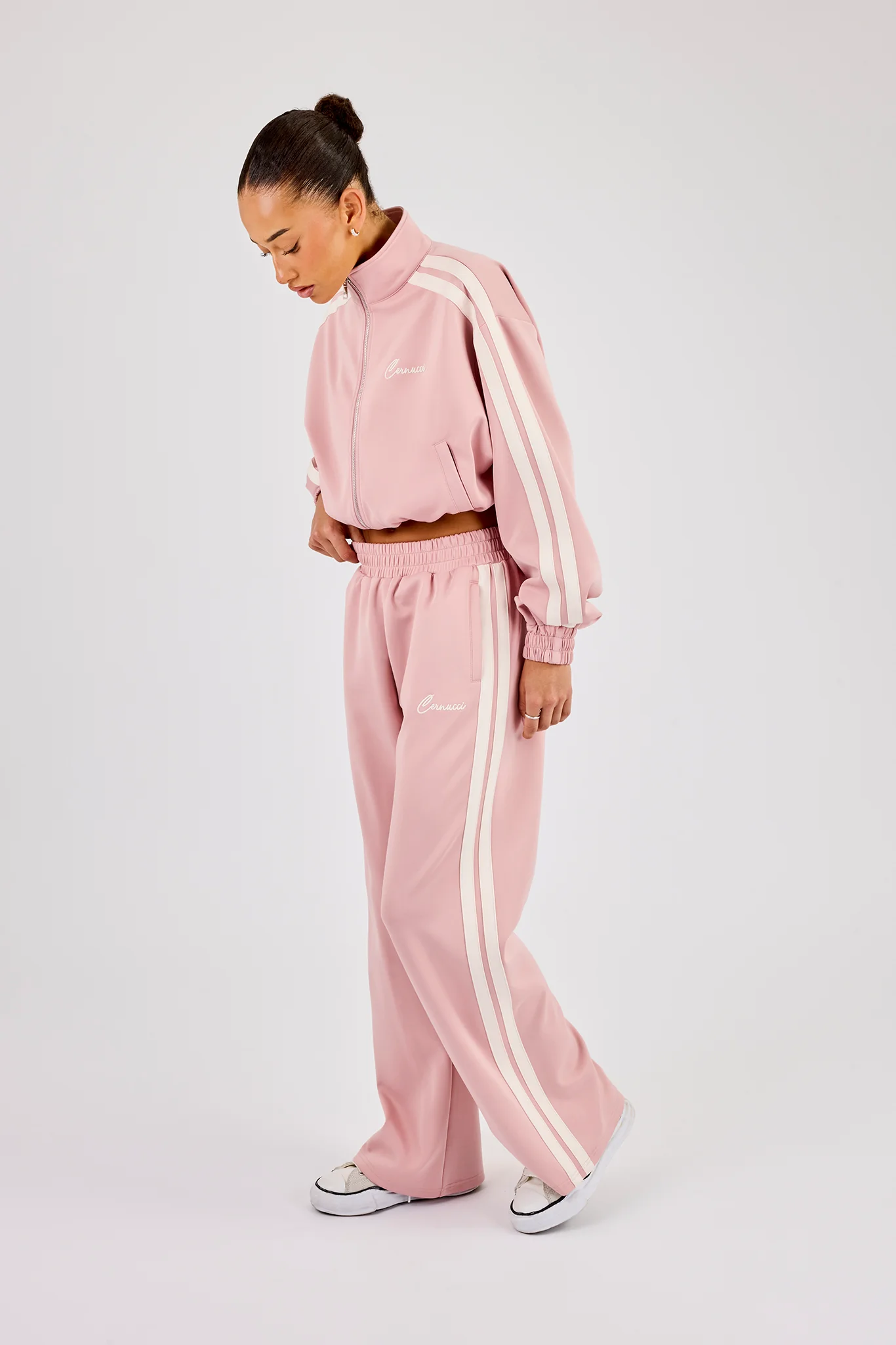 Taping Cropped Funnel Neck Jacket & Wide Leg Track Pant - Dusty Pink