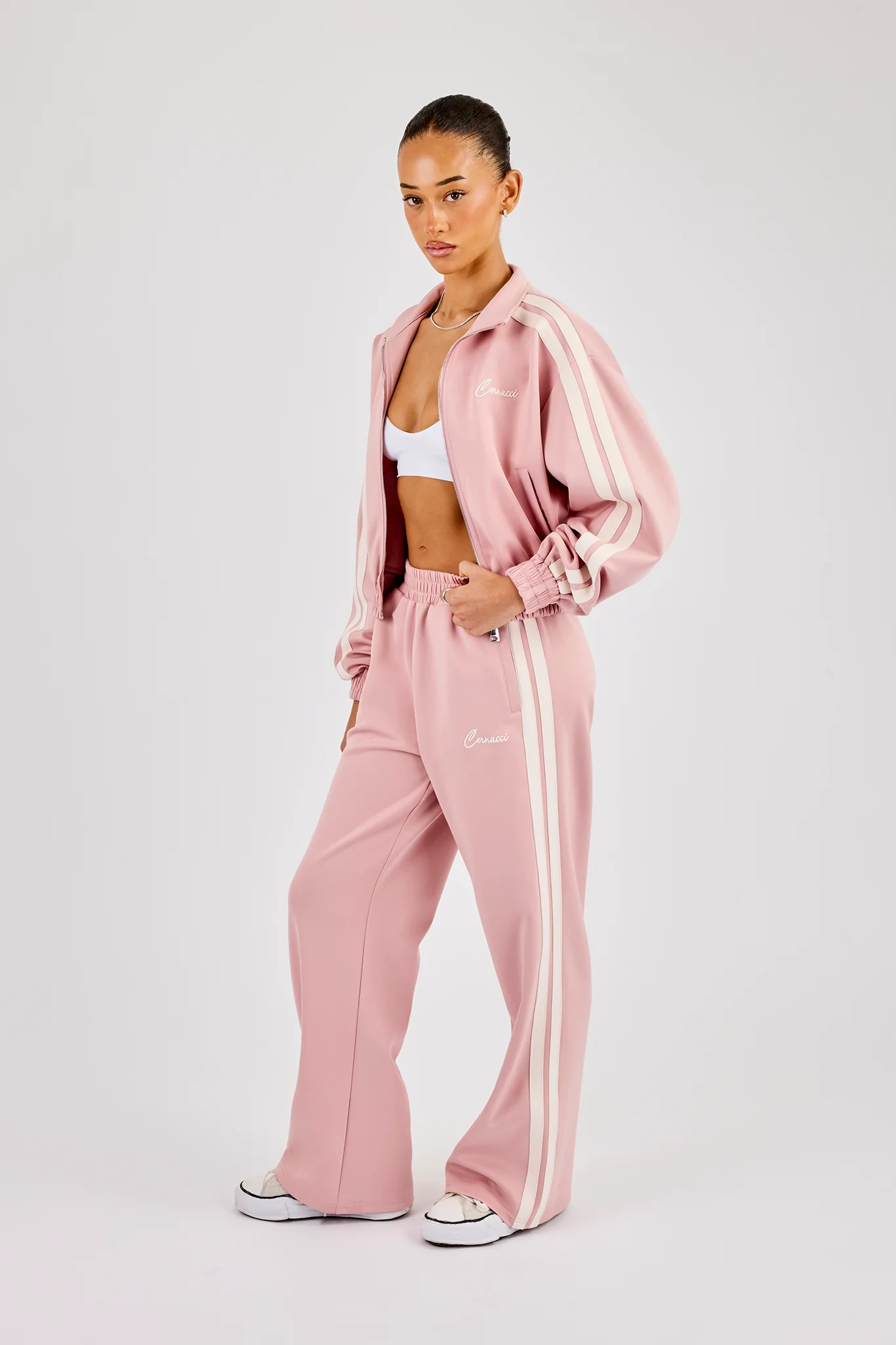 Taping Cropped Funnel Neck Jacket & Wide Leg Track Pant - Dusty Pink - Image 2