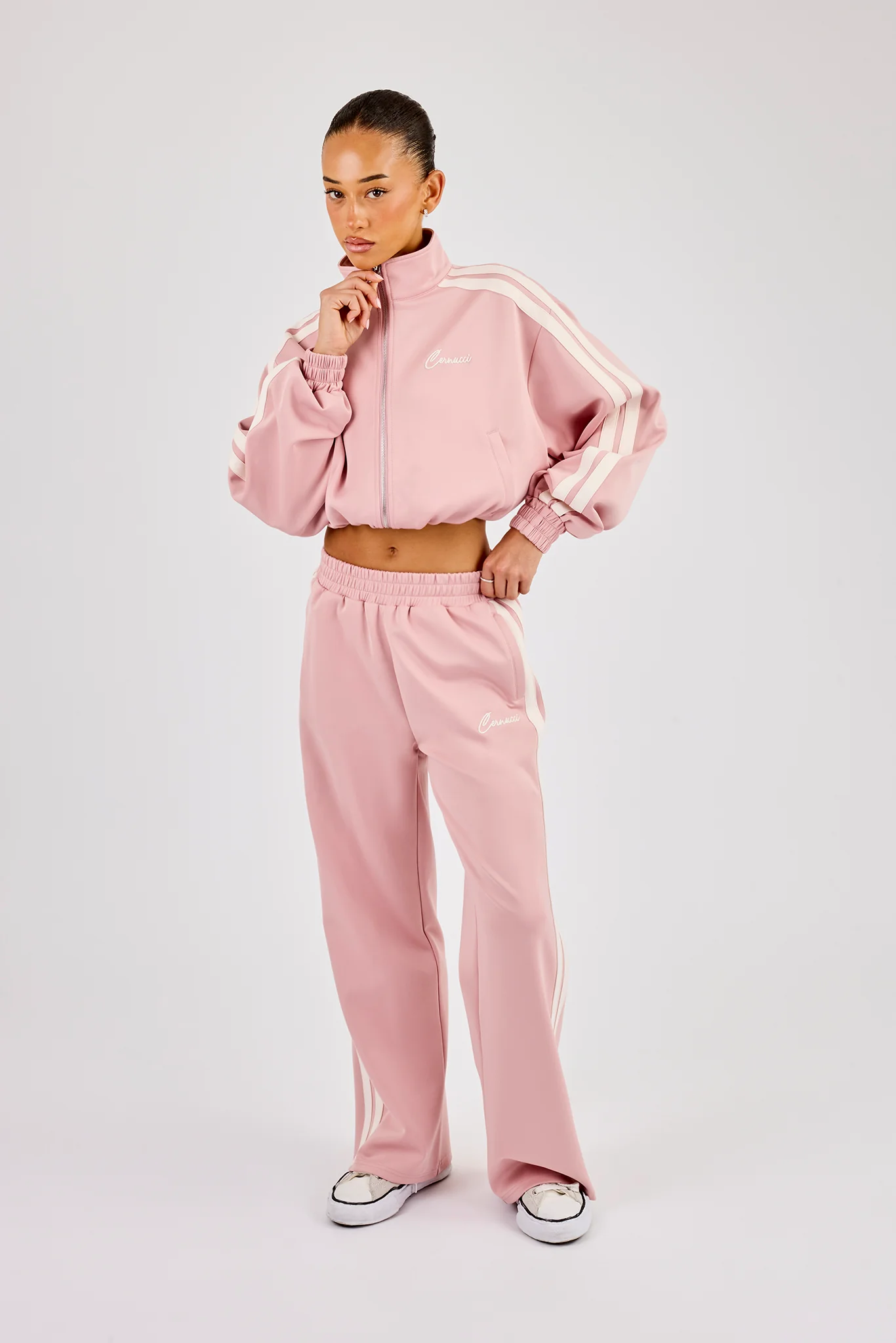 Taping Cropped Funnel Neck Jacket & Wide Leg Track Pant - Dusty Pink - Image 4