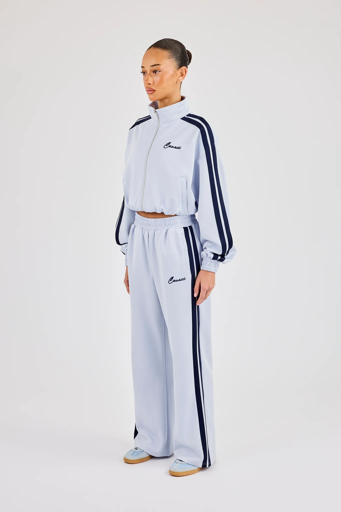 Taping Cropped Funnel Neck Jacket & Wide Leg Track Pant - Light Blue - Image 2