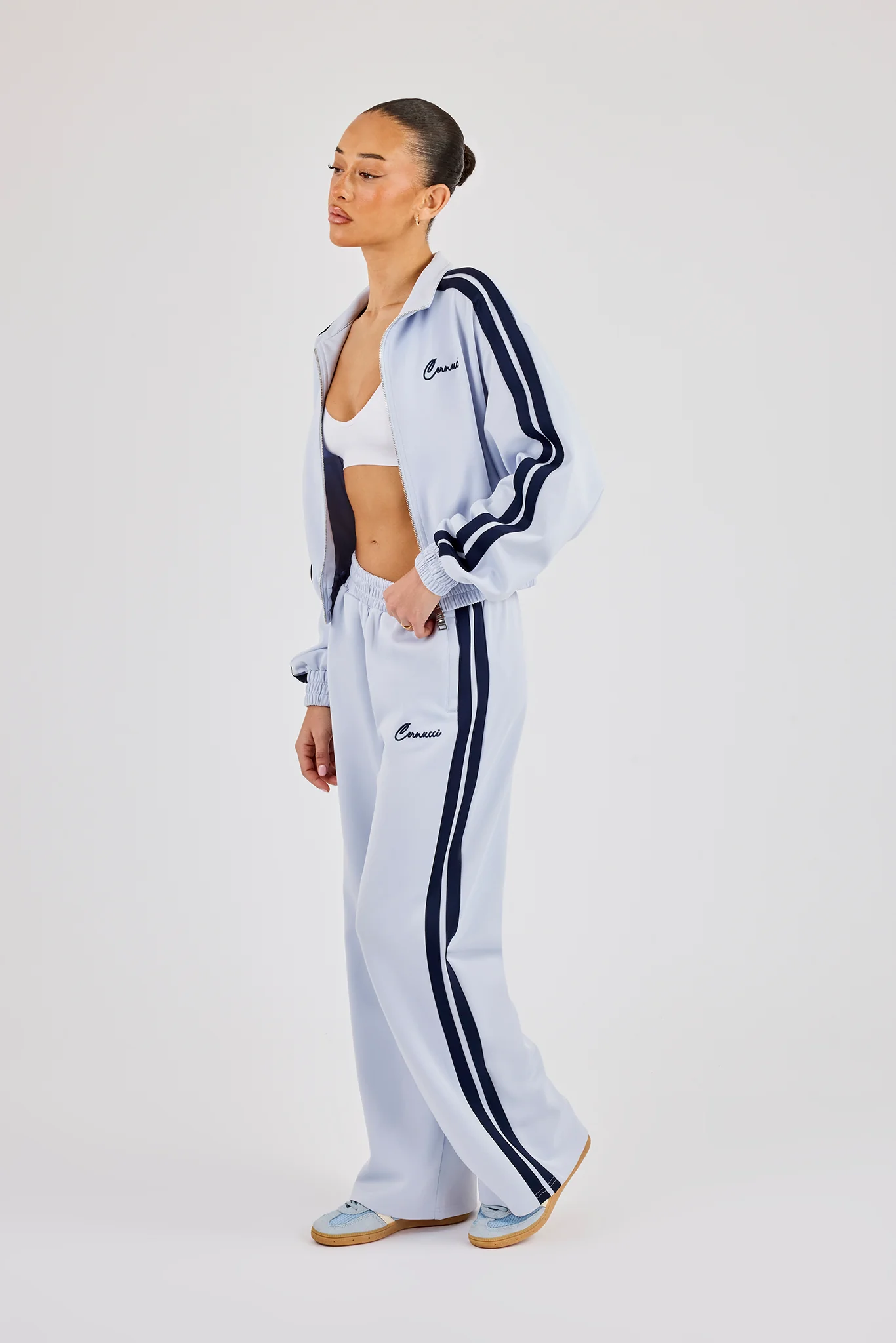 Taping Cropped Funnel Neck Jacket & Wide Leg Track Pant - Light Blue - Image 4