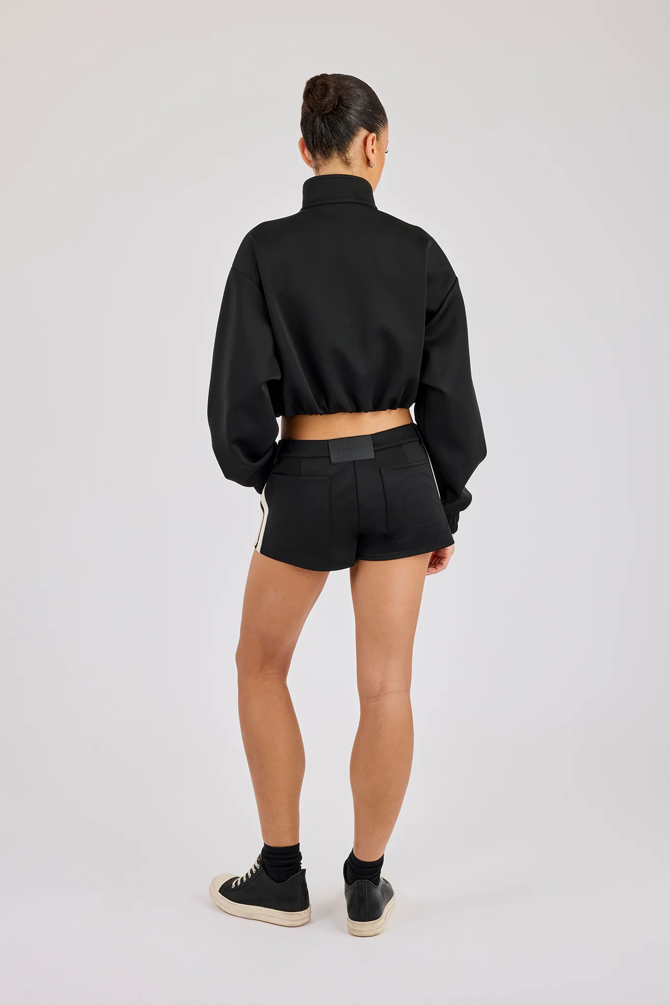 Taping Cropped Funnel Neck Track Jacket & Micro Short - Black - Image 4
