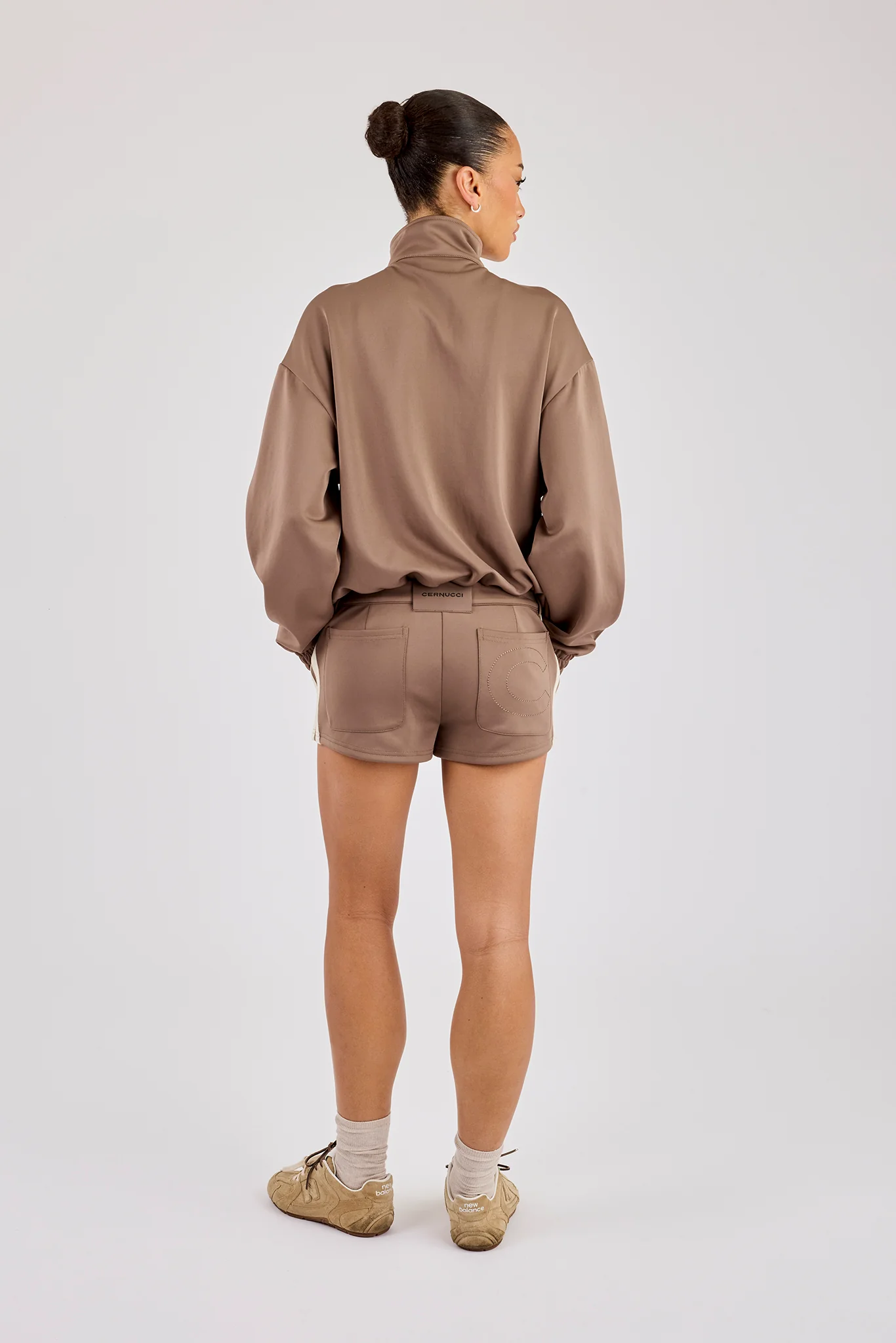Taping Cropped Funnel Neck Track Jacket & Micro Short - Taupe - Image 4