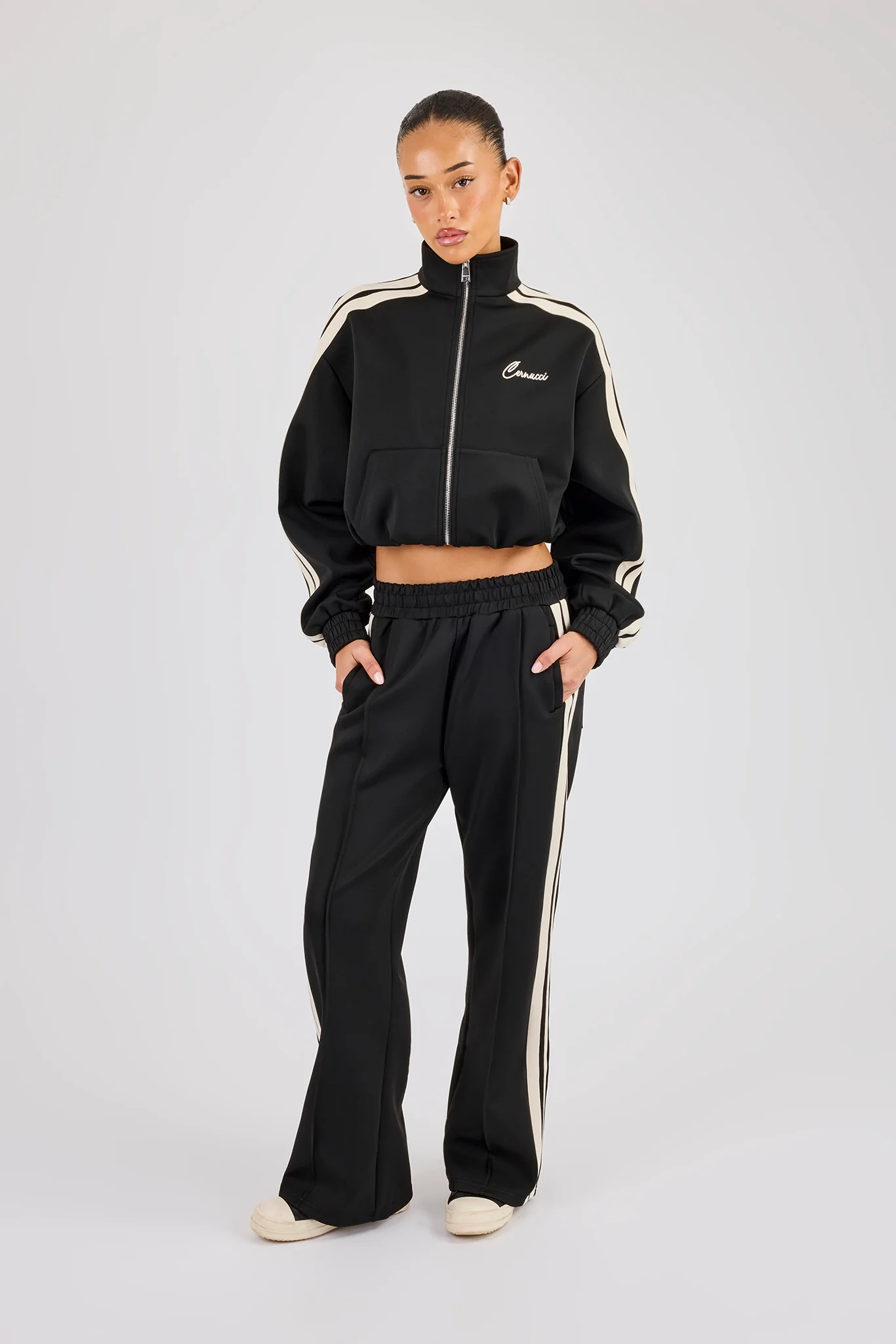 Taping Cropped Funnel Neck Tracksuit - Black - Image 4