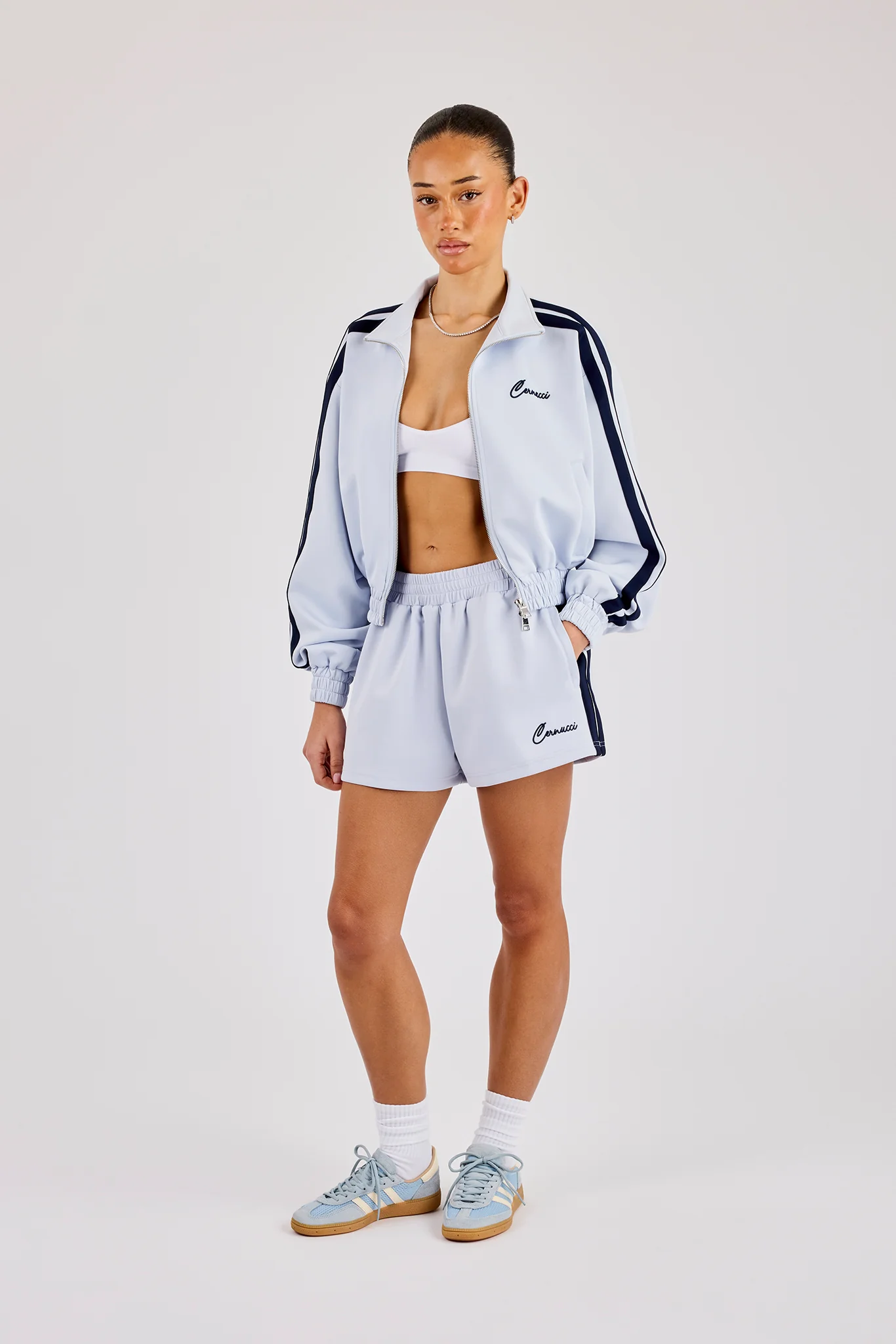 Taping Cropped Funnel Neck Zip Through & Short - Light Blue - Image 2