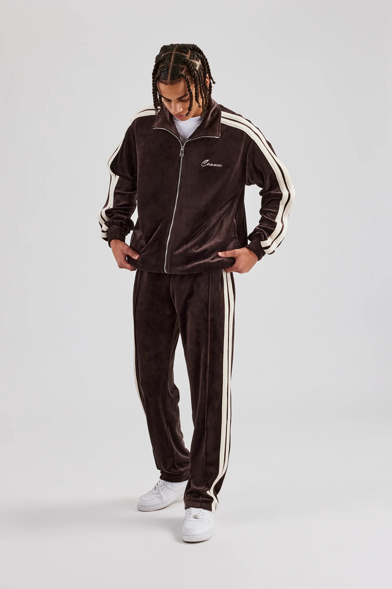 Taping Straight Leg Velour Track Pant - Chocolate - Image 5