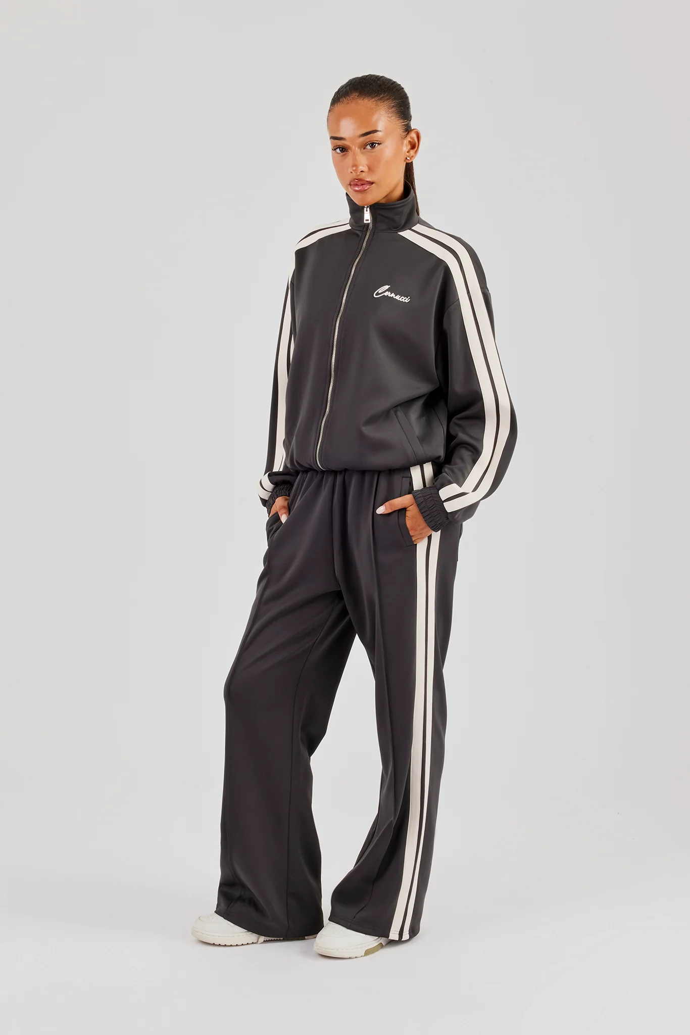 Taping Wide Leg Track Pant - Charcoal - Image 2