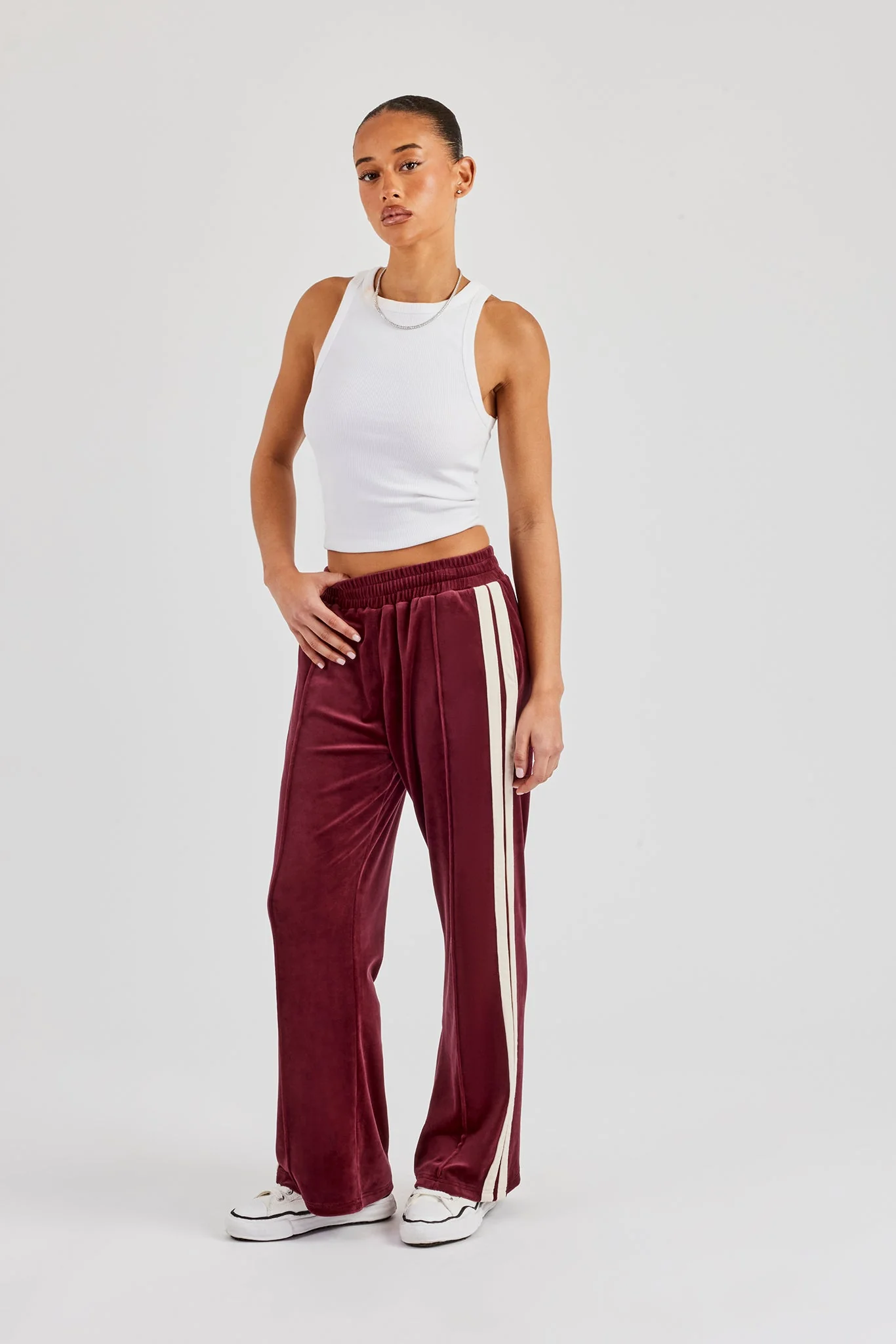 Taping Wide Leg Velour Track Pant - Burgundy - Image 3