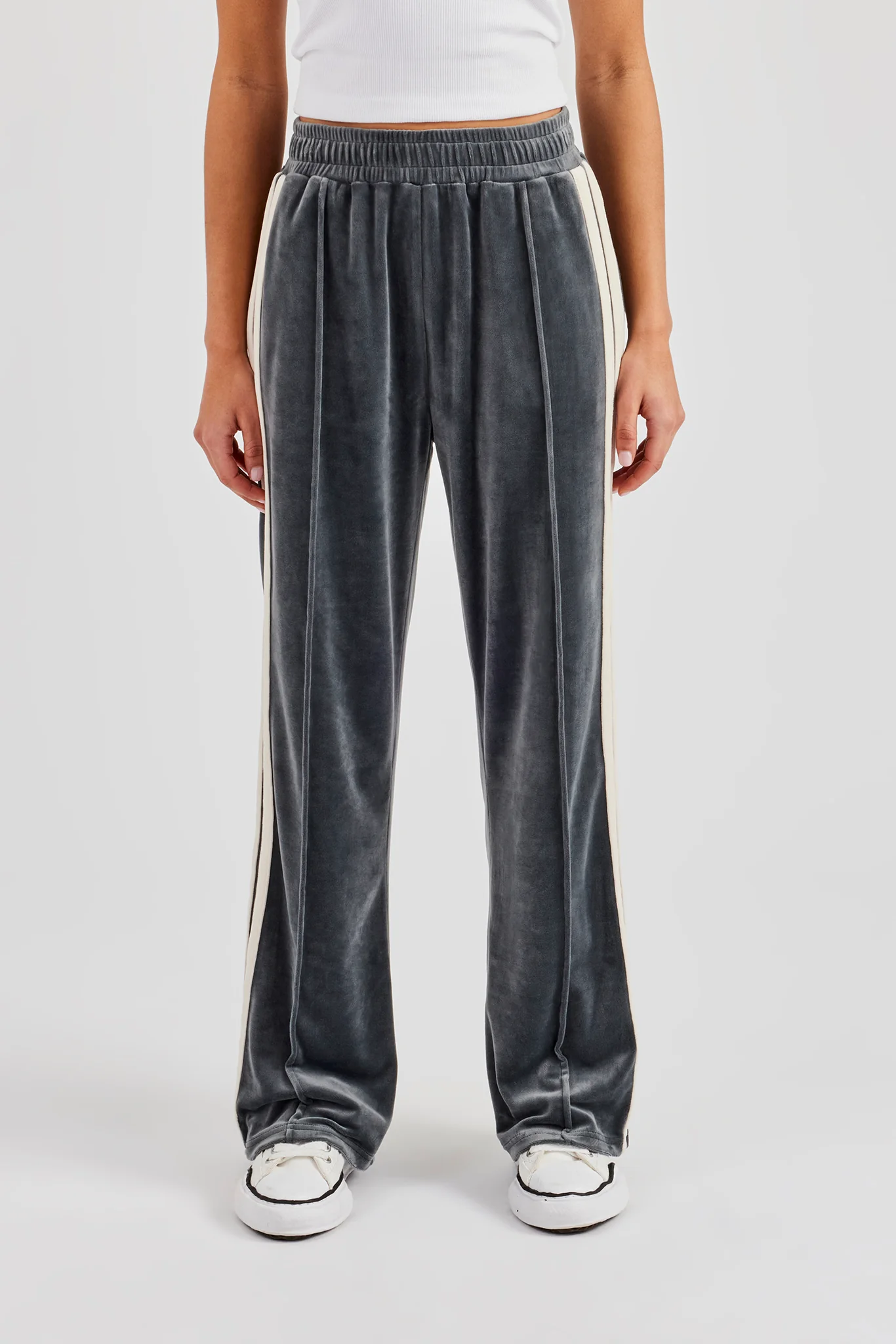 Taping Wide Leg Velour Track Pant - Grey - Image 2