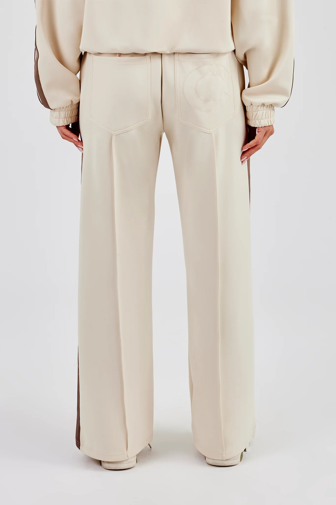 Taupe Taping Wide Leg Track Pant - Off White - Image 3