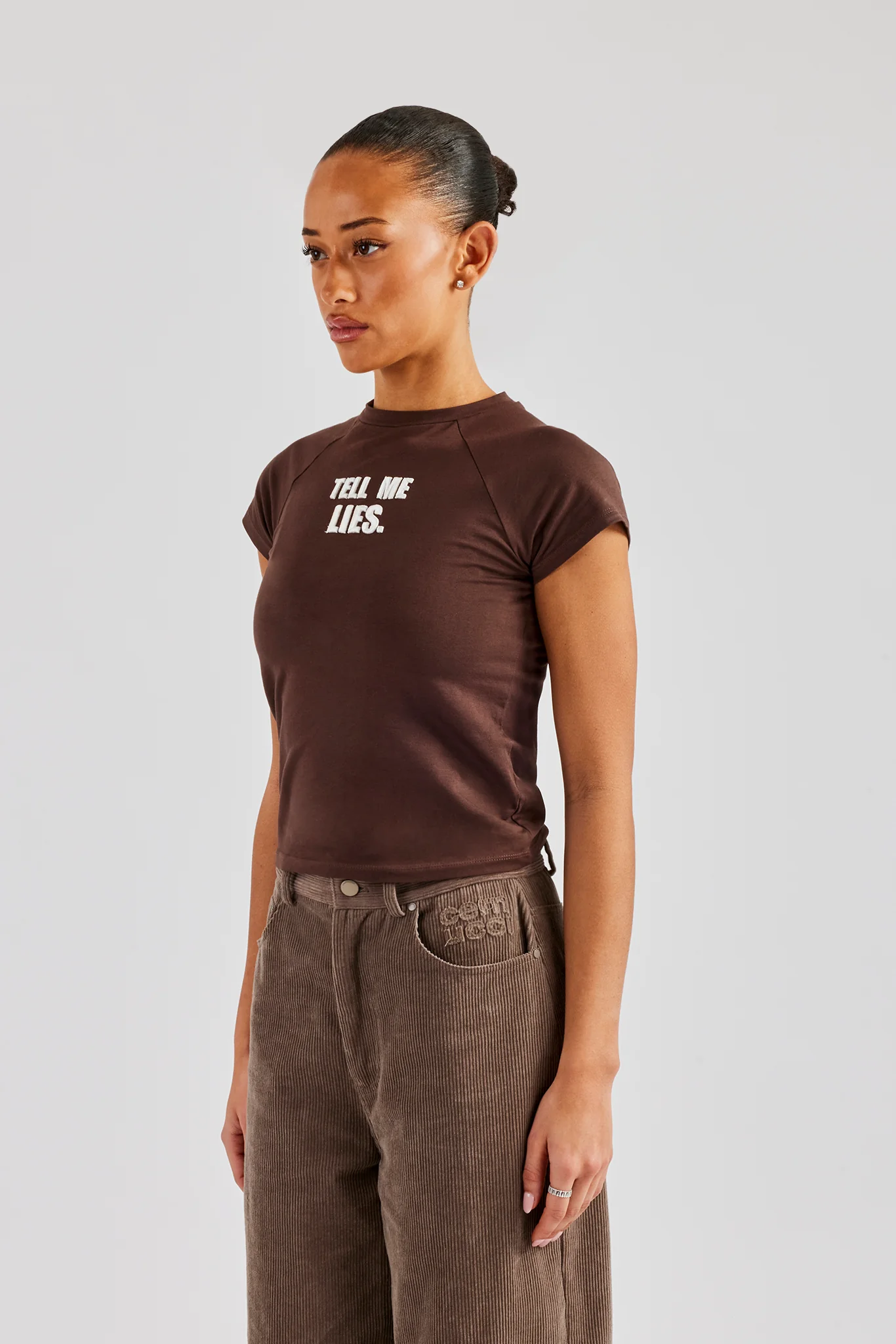Tell Me Lies Capped Sleeve Tee - Chocolate - Image 4