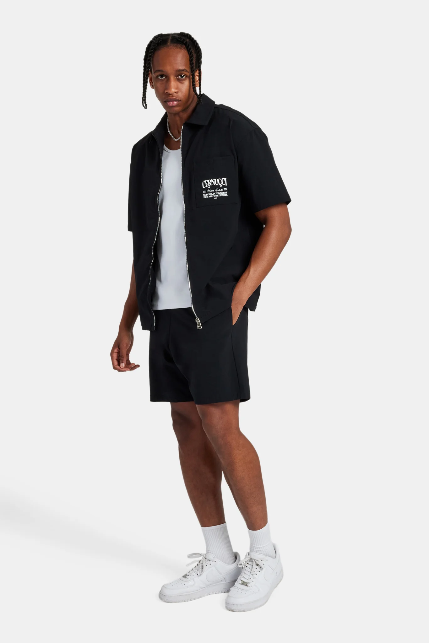 Text Pocket Zip Front Shirt & Short - Black - Image 2
