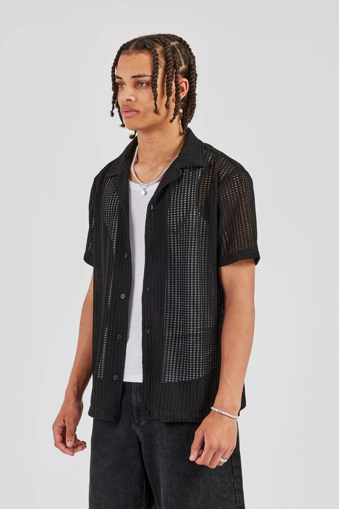 Textured Button Front Revere Shirt - Black - Image 3