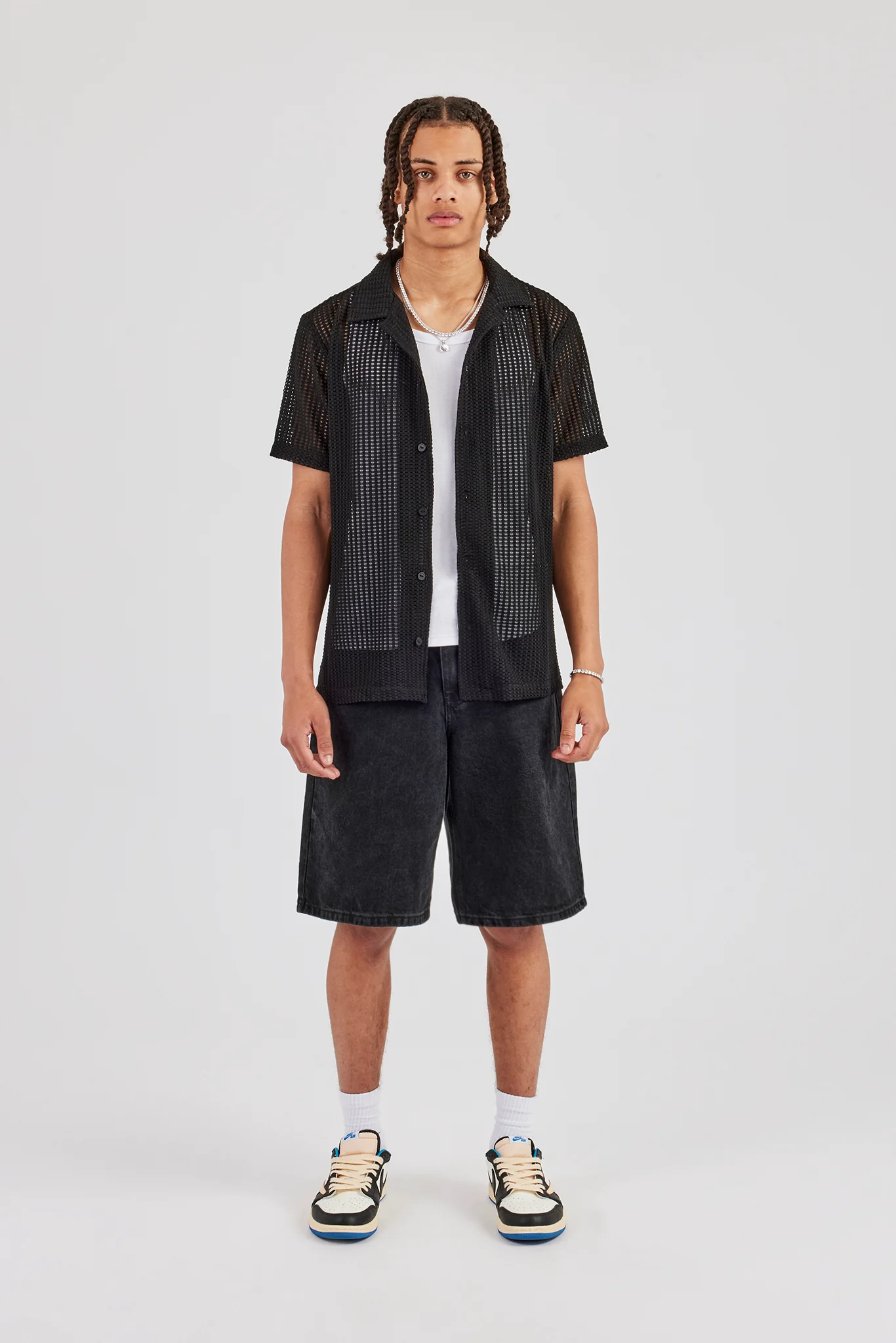 Textured Button Front Revere Shirt - Black - Image 4