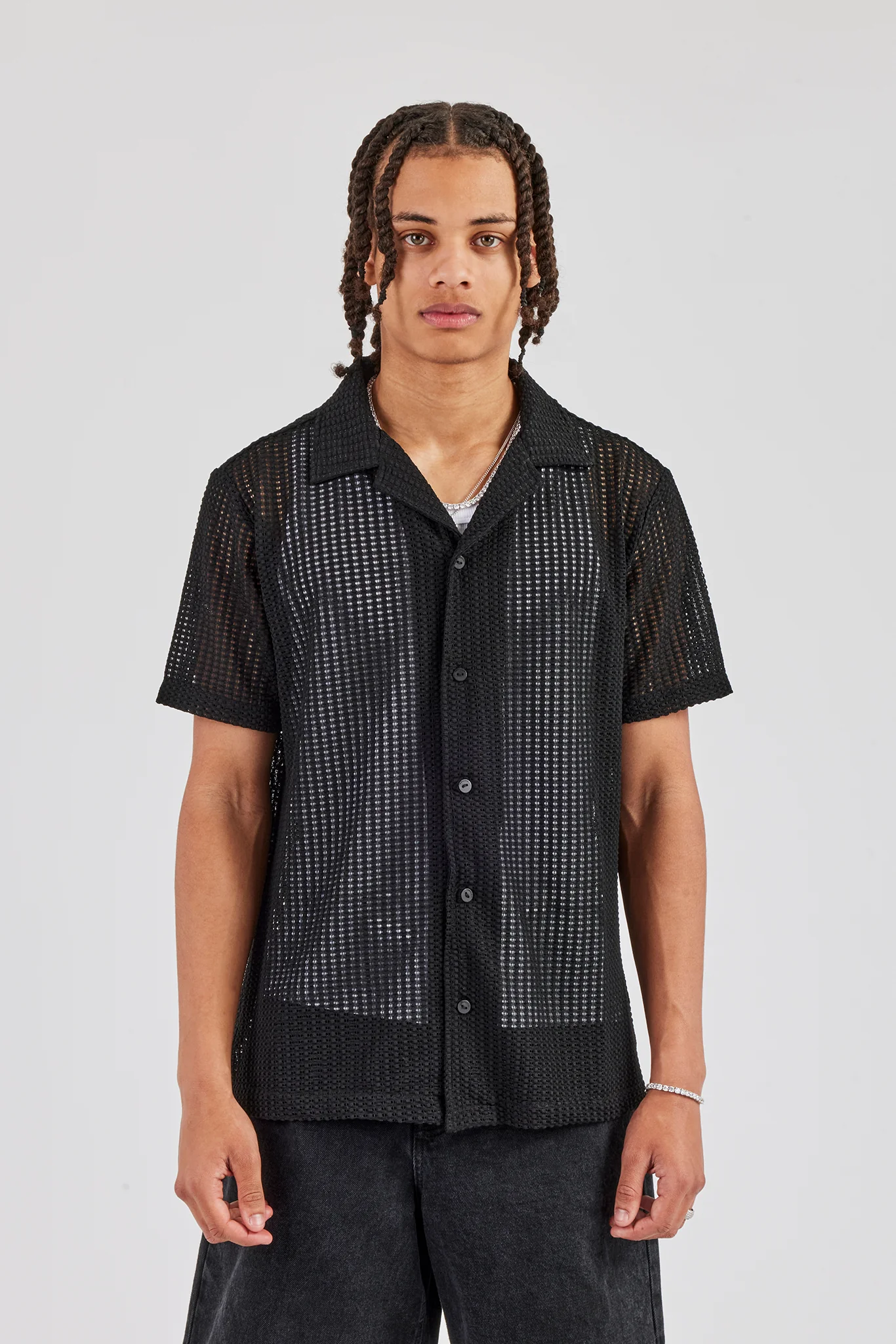 Textured Button Front Revere Shirt - Black - Image 5
