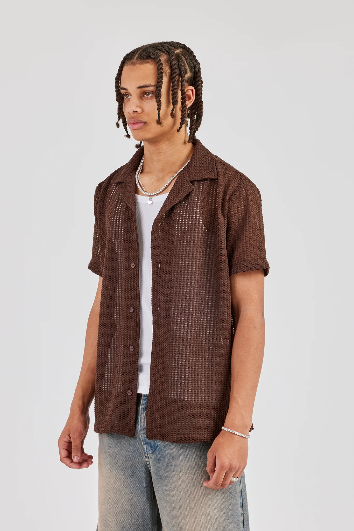 Textured Button Front Revere Shirt - Chocolate - Image 3
