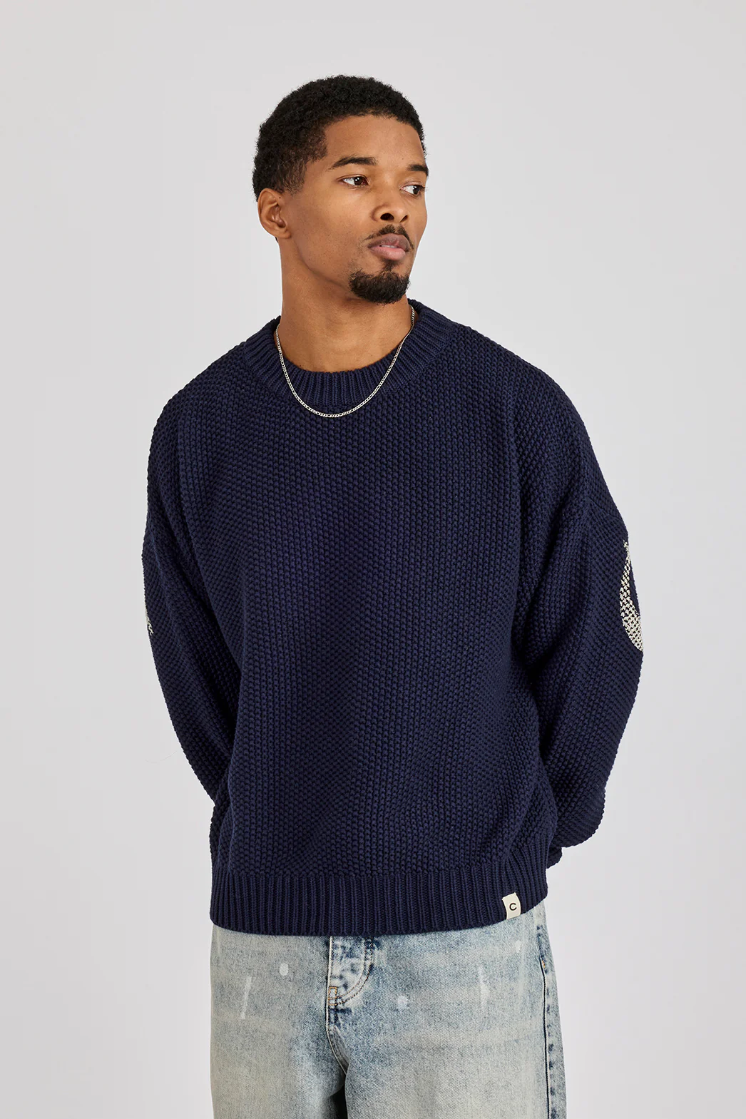 Textured Knit Printed Sweatshirt - Navy Blue - Image 3