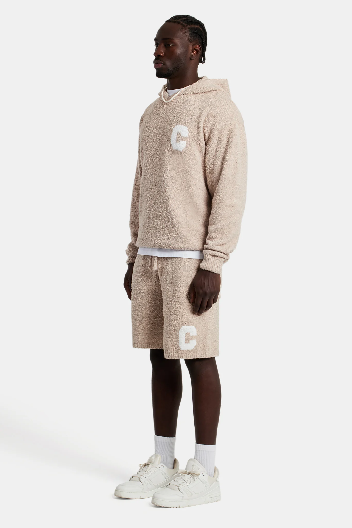 Textured Knitted Hooded Short Tracksuit - Beige - Image 2