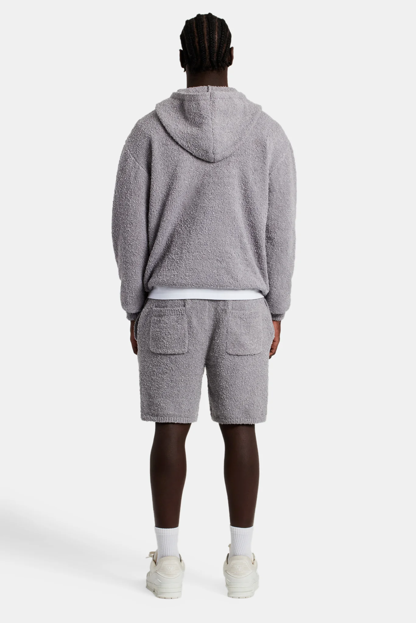 Textured Knitted Hooded Short Tracksuit - Grey - Image 2