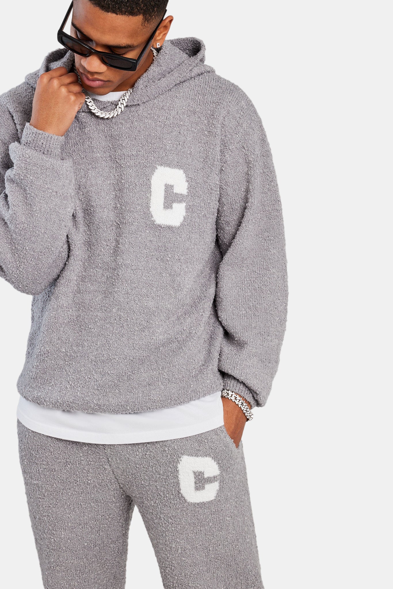 Textured Knitted Hooded Tracksuit - Grey - Image 8