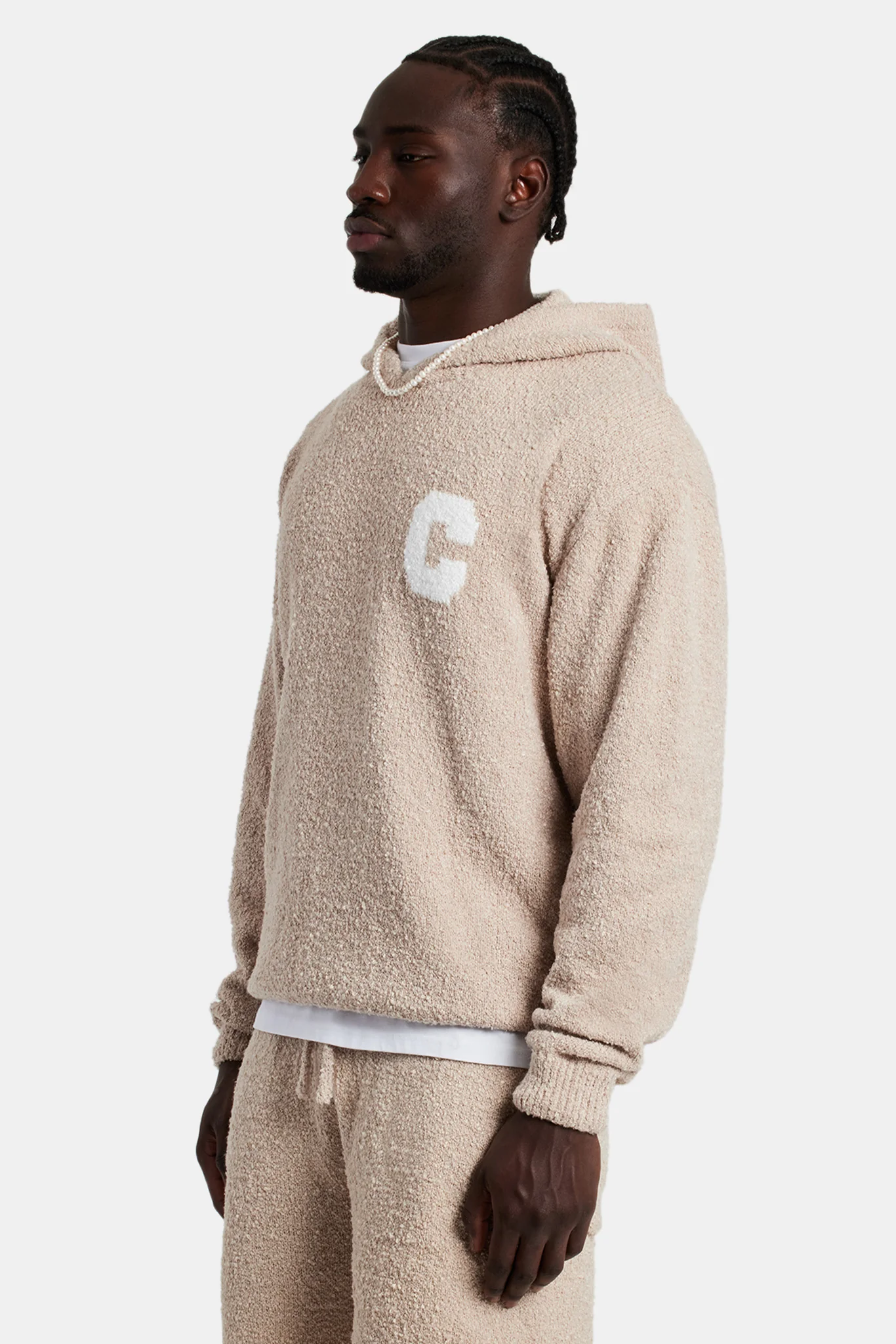 Textured Knitted Hoodie - Beige - Image 2