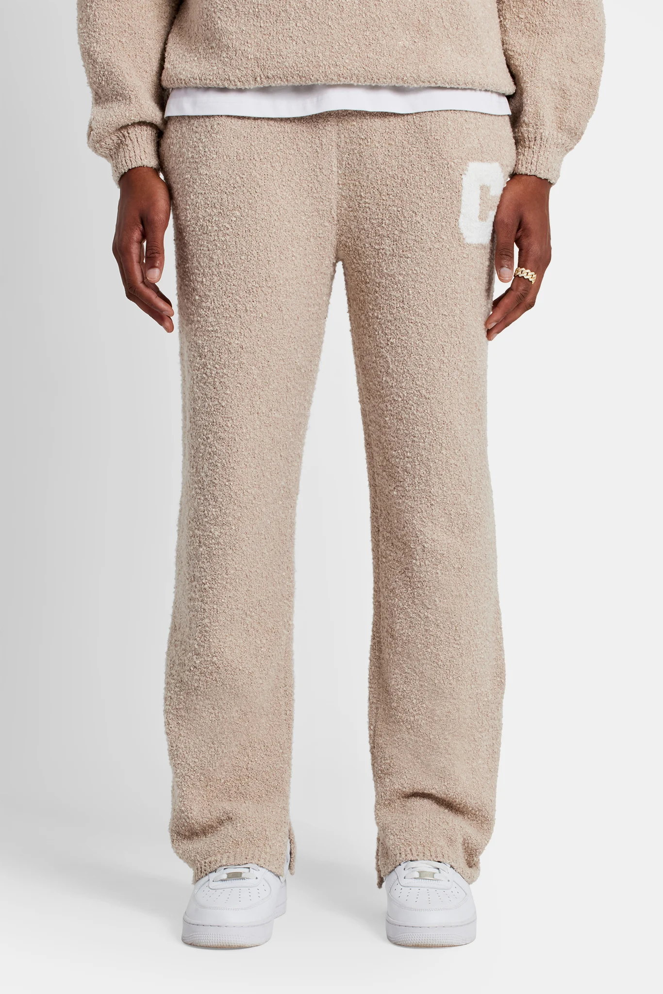 Textured Knitted Sweater Tracksuit - Beige - Image 4