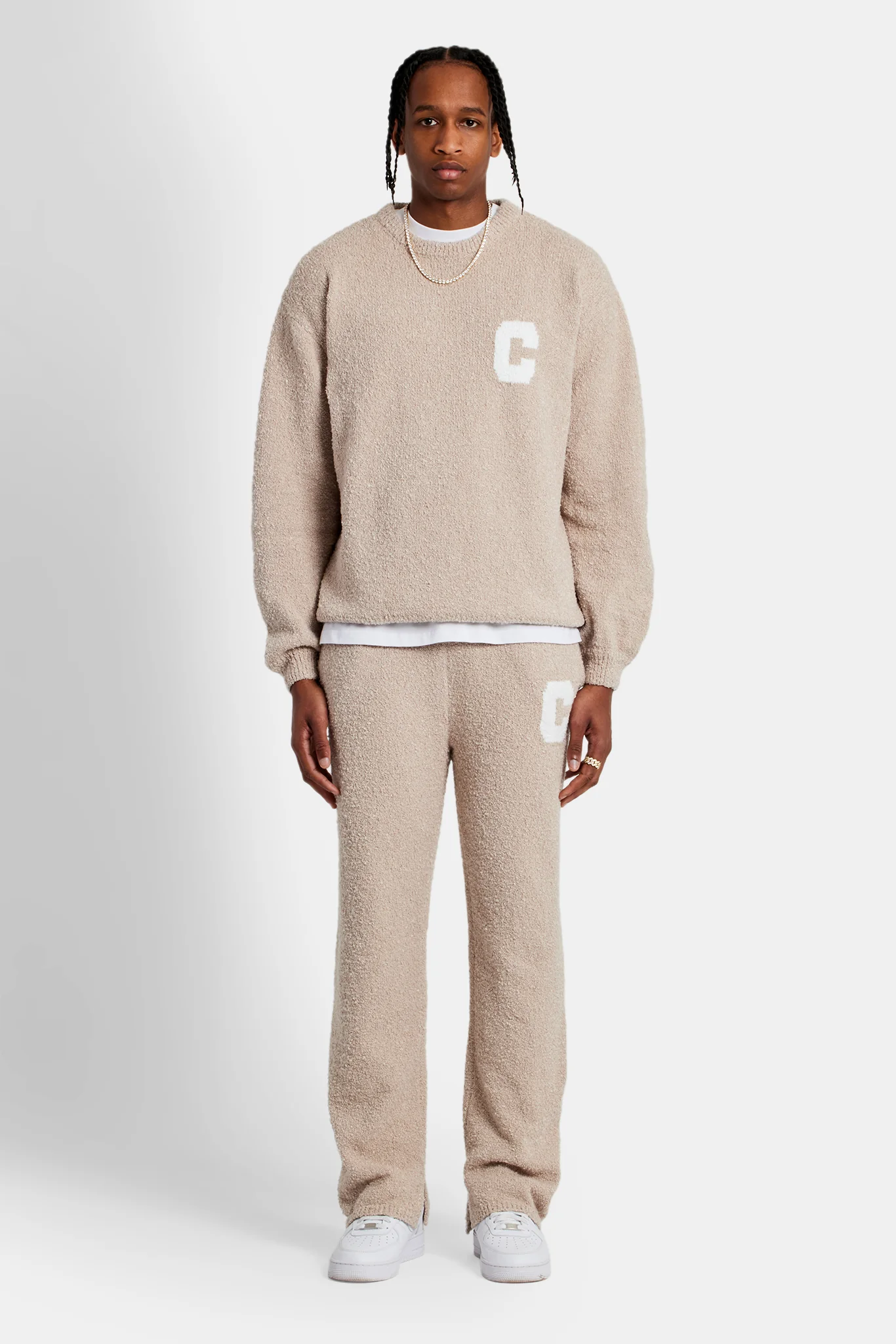 Textured Knitted Sweater Tracksuit - Beige - Image 6