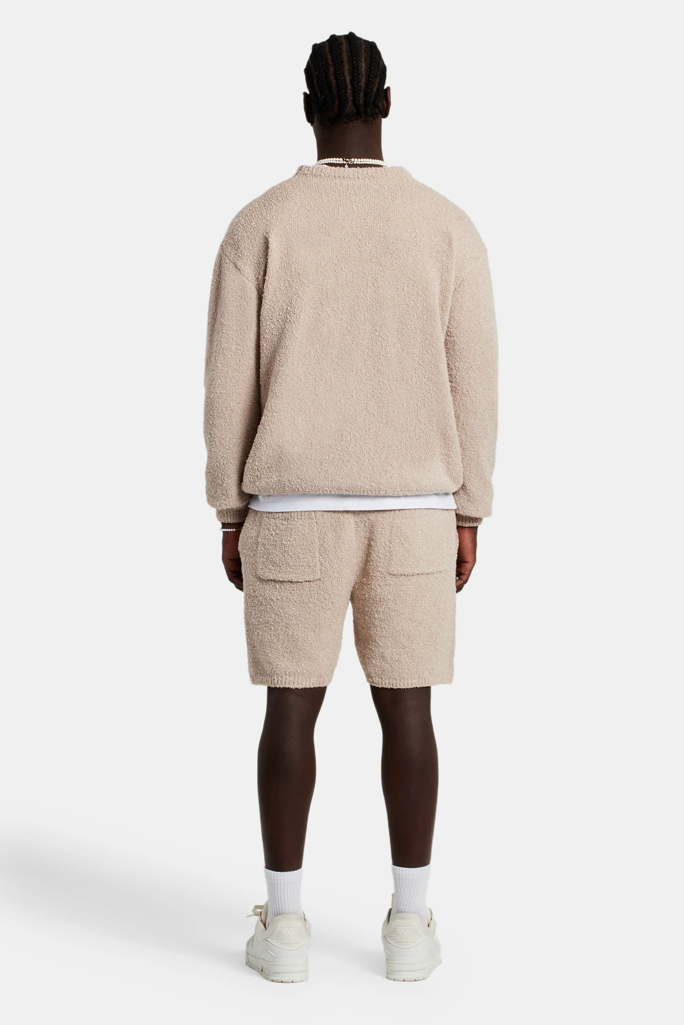Textured Knitted Sweatshirt Short Tracksuit - Beige - Image 4