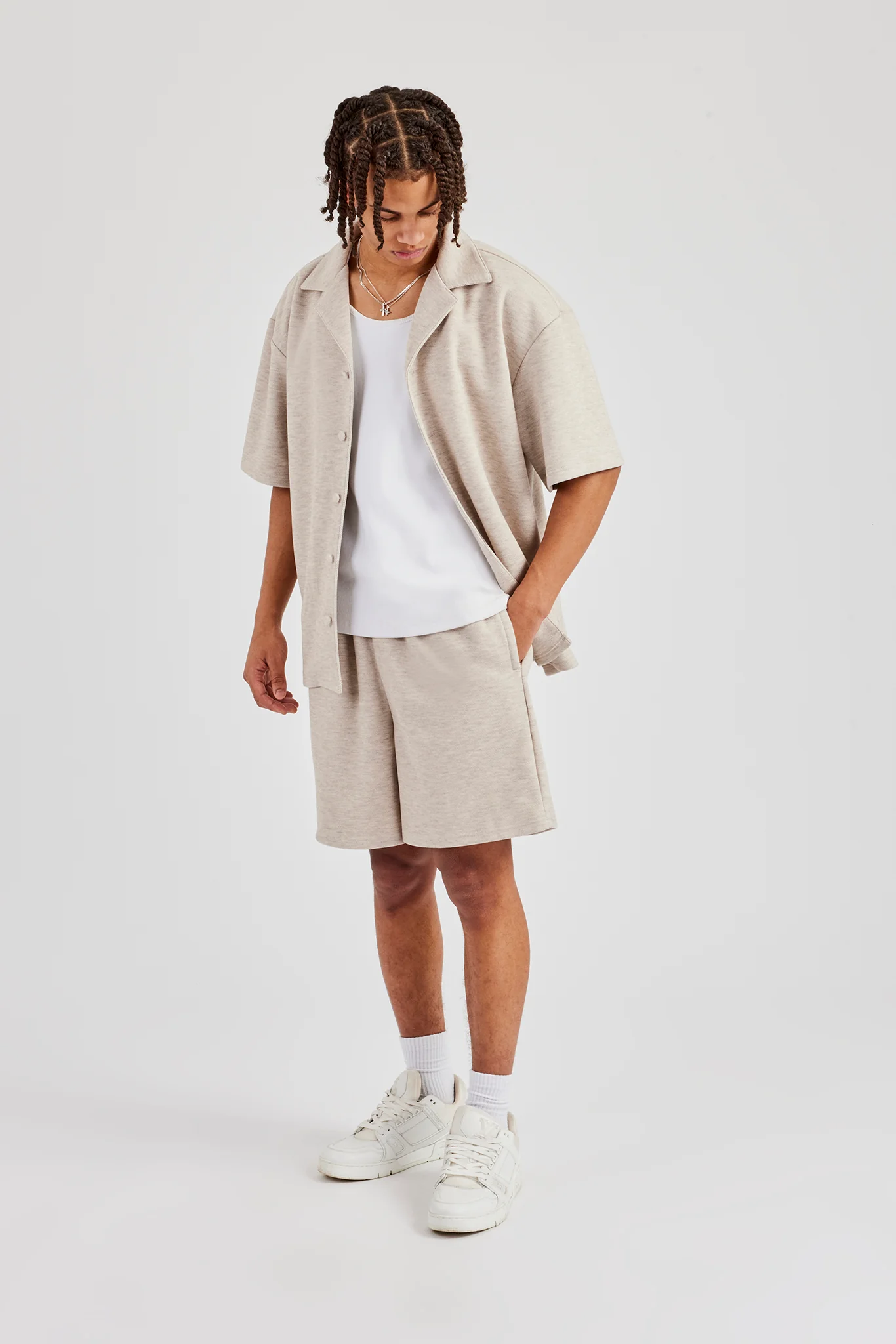 Textured Revere Collar Shirt & Short - Stone - Image 4