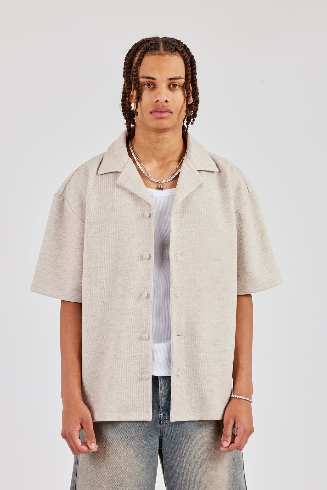 Textured Revere Collar Shirt - Stone - Image 2