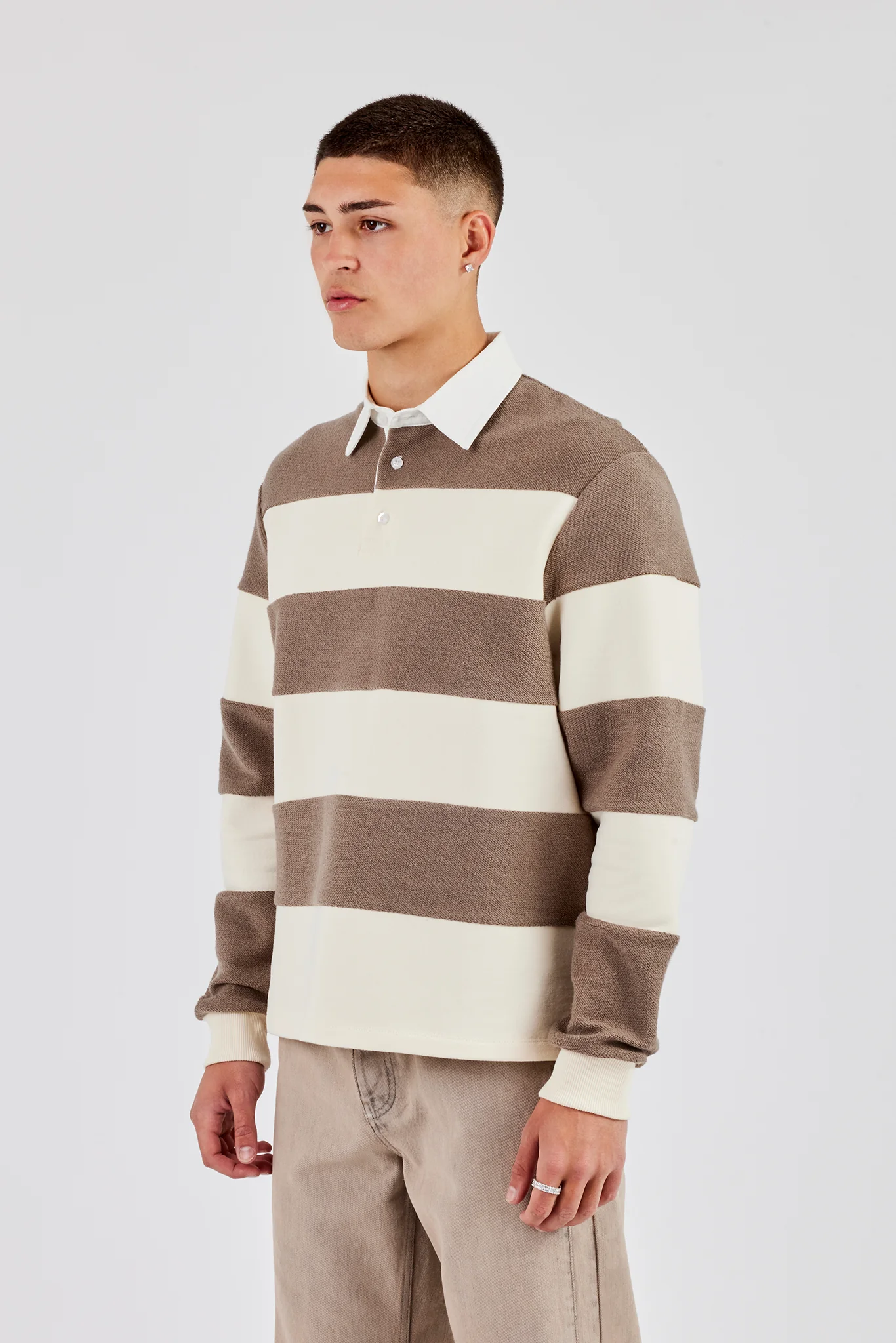 Textured Stripe Rugby Polo Top - Stone - Image 2