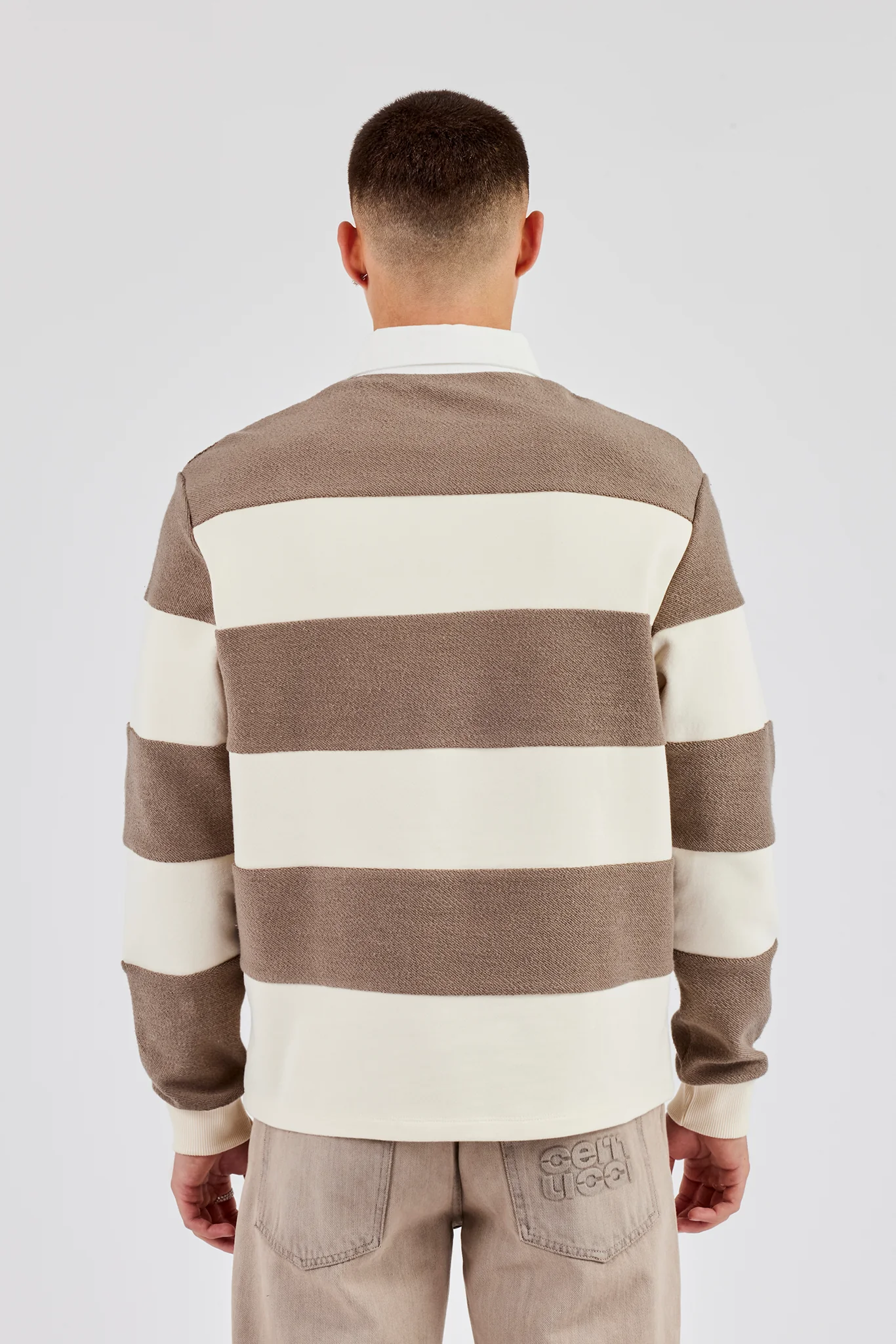 Textured Stripe Rugby Polo Top - Stone - Image 3