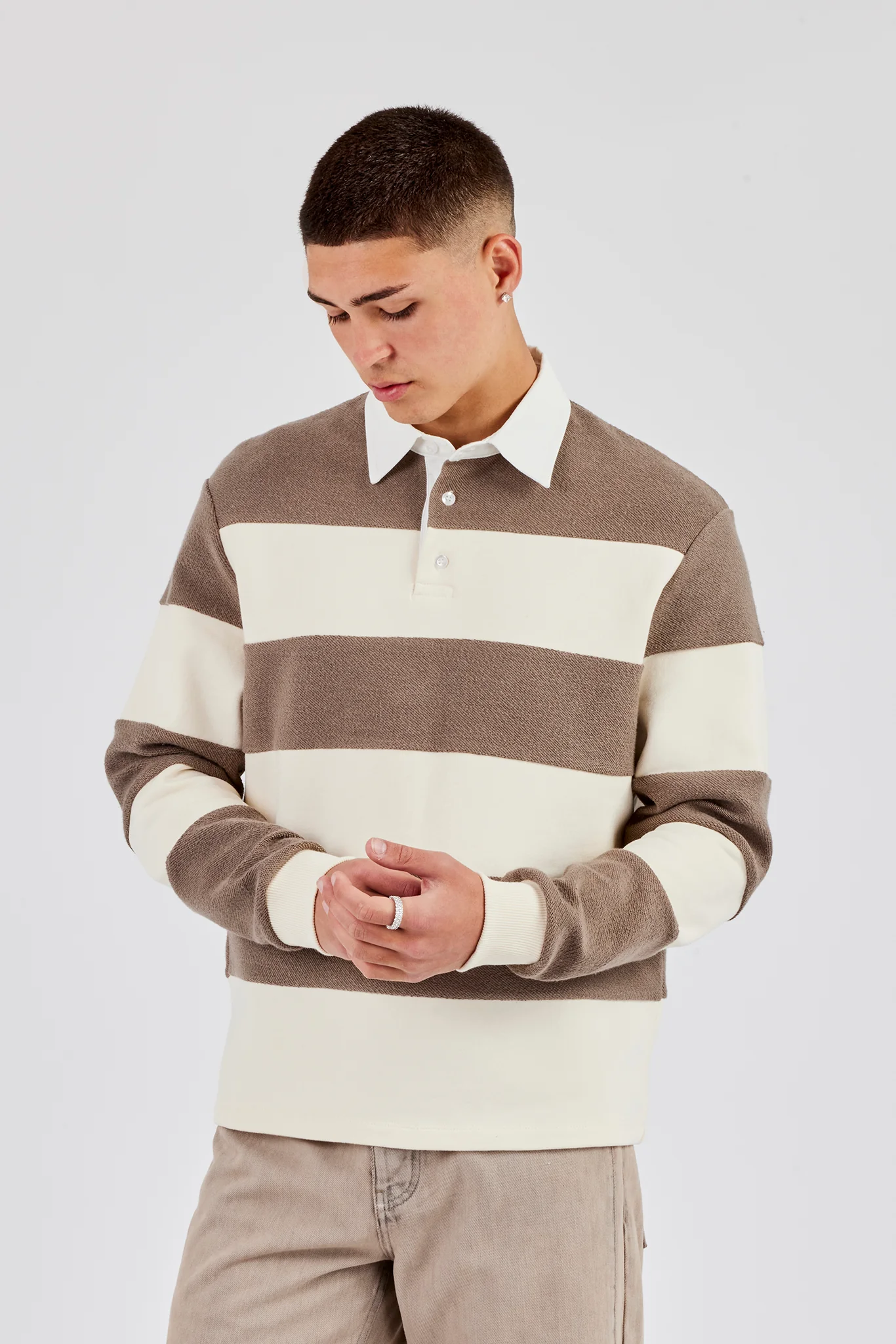 Textured Stripe Rugby Polo Top - Stone - Image 4