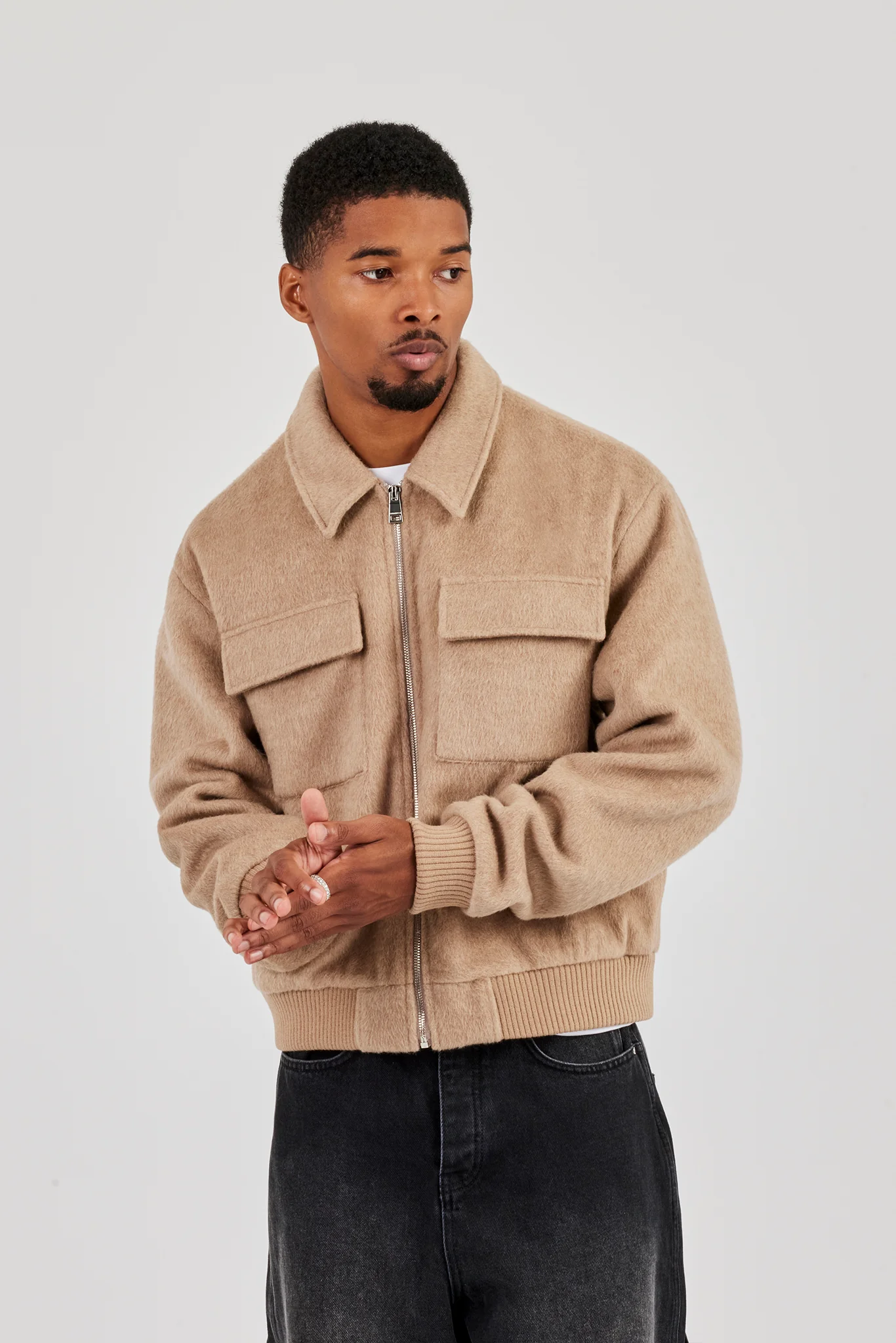 Textured Utility Bomber - Beige