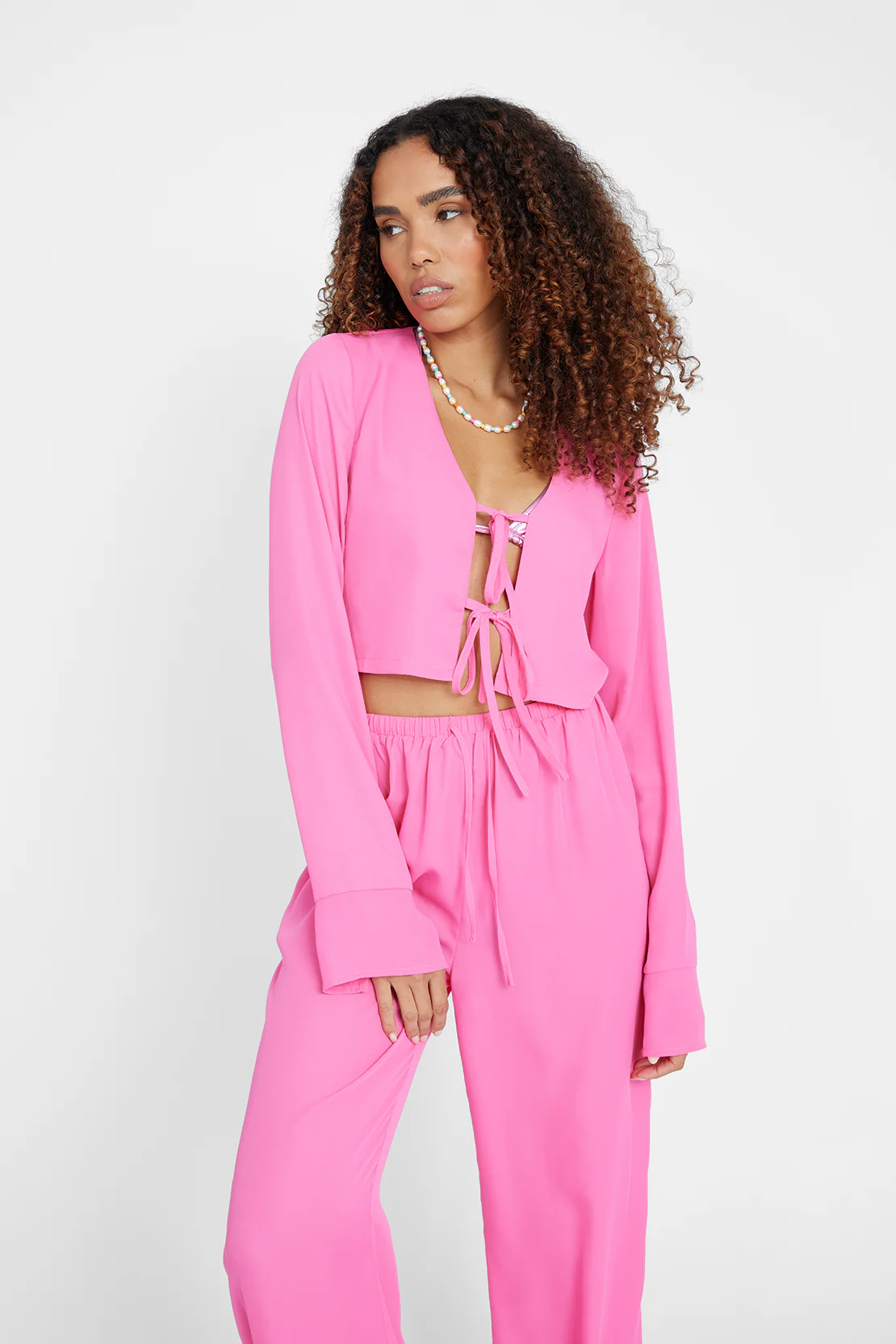Tie Front Beach Cover Up Top - Pink - Image 3
