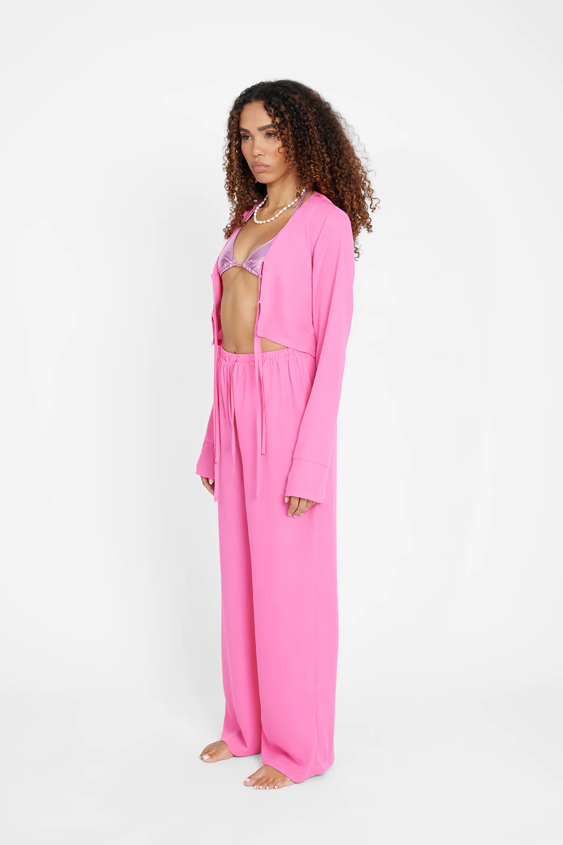 Tie Front Beach Cover Up Top - Pink - Image 4