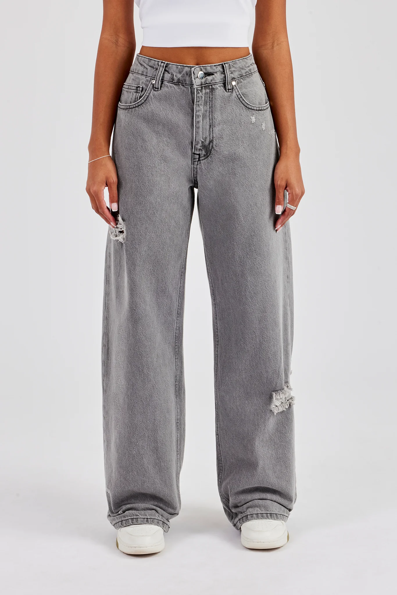 Tie Waist Shadow Pocket Baggy Jean - Washed Grey - Image 2