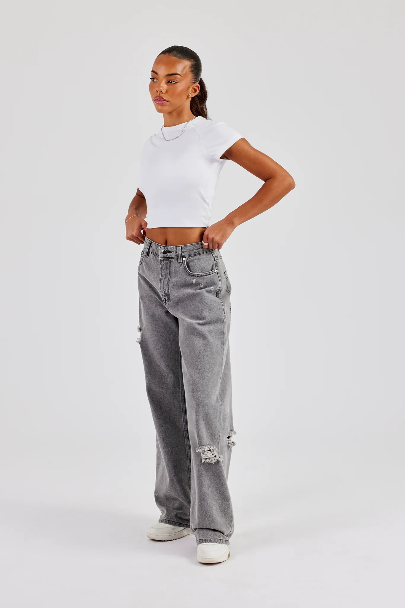 Tie Waist Shadow Pocket Baggy Jean - Washed Grey - Image 4