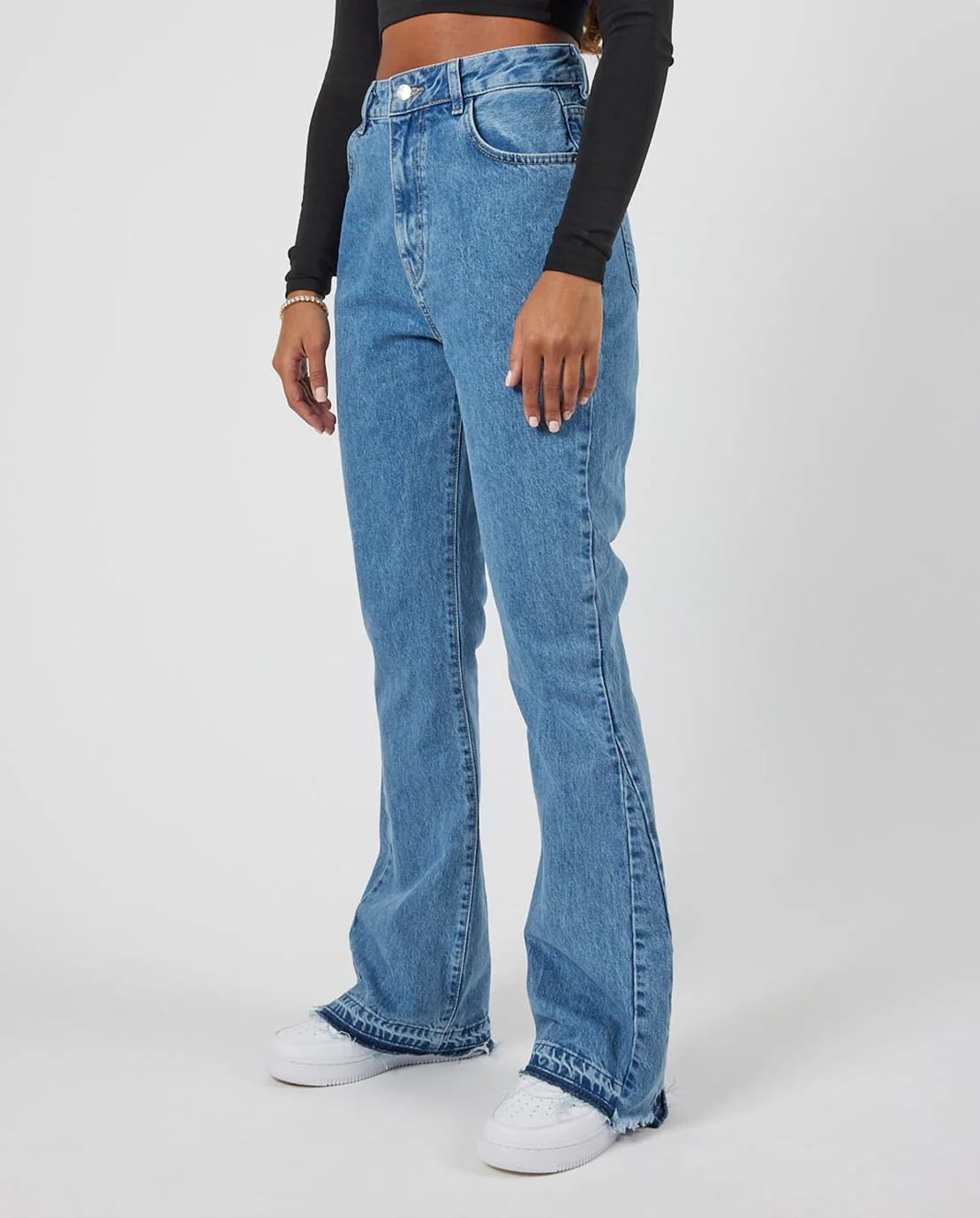 Tonal Panelled Flare Detail Jeans - Mid Blue - Image 3