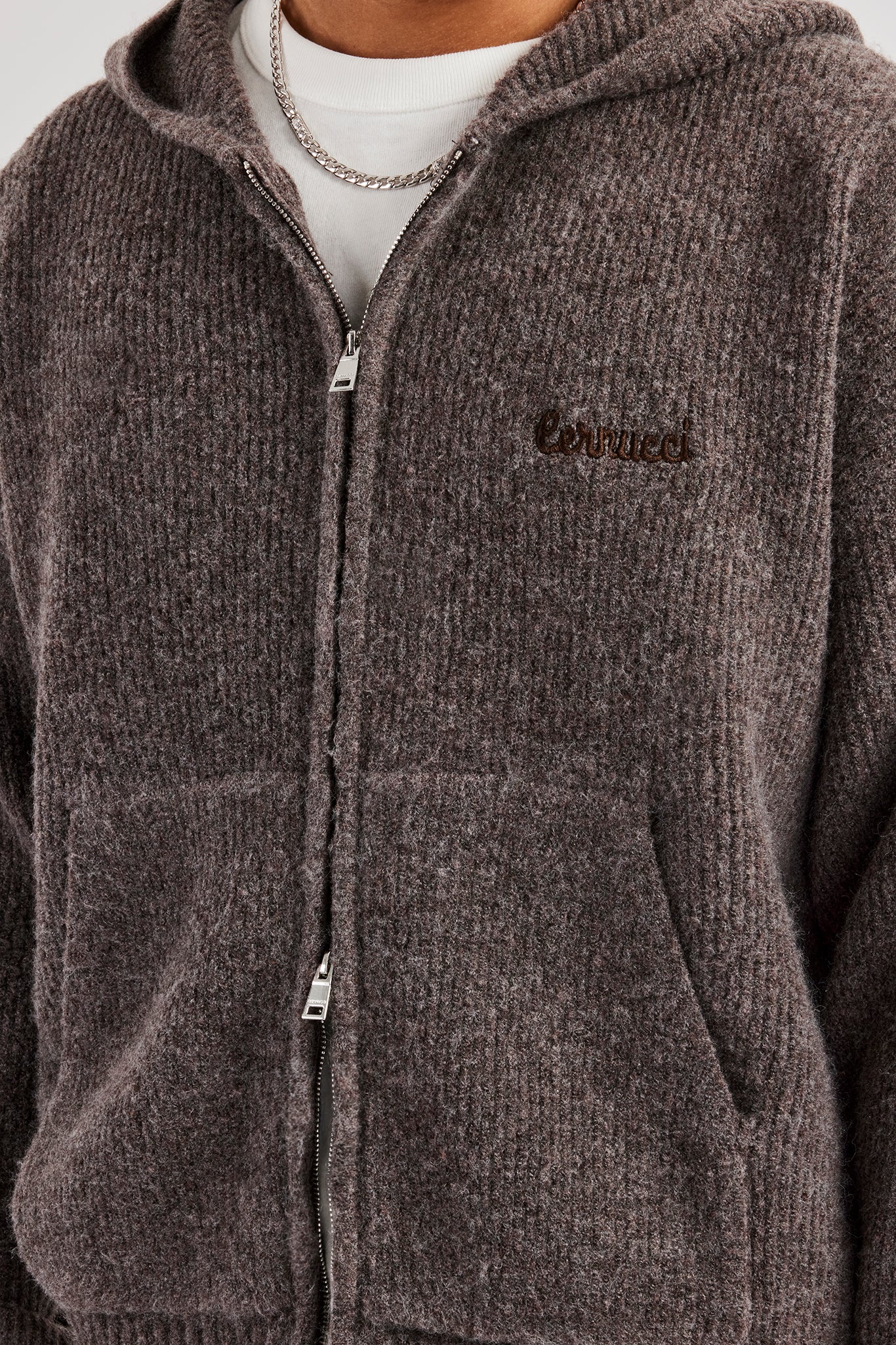 Tonal Zip Through Knit Hoodie - Mocha - Image 2