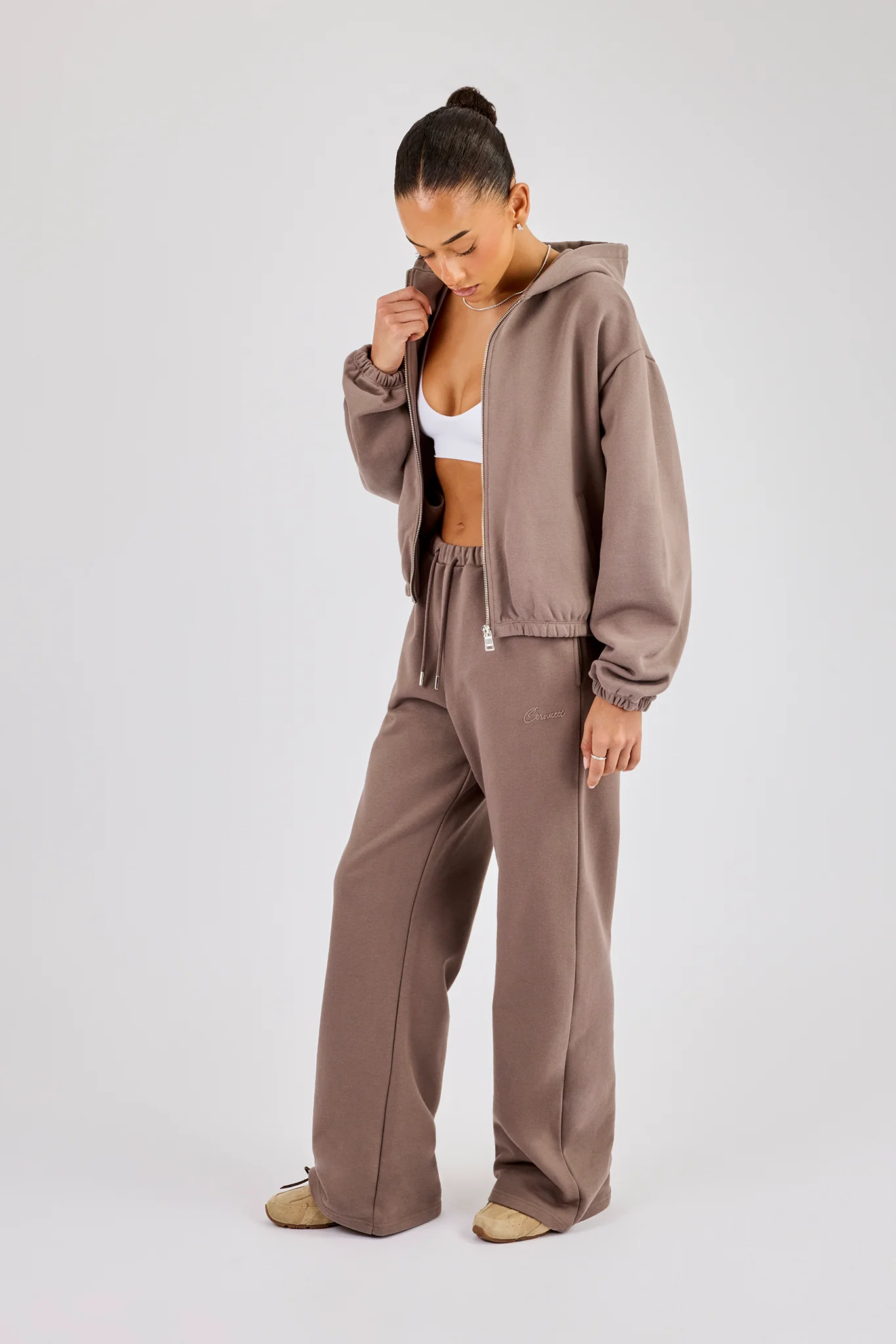 Towelling Applique Wide Leg Jogger - Taupe - Image 3
