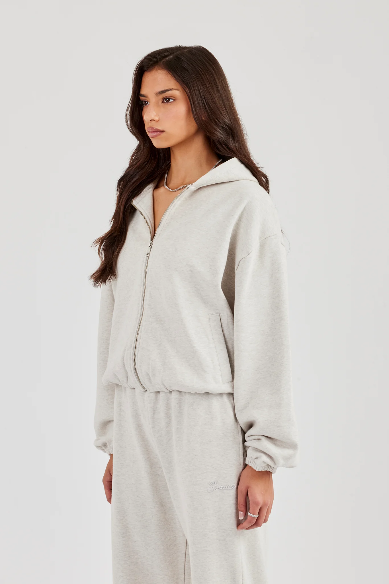 Towelling Applique Zip Hoodie - Grey Marl - Image 3