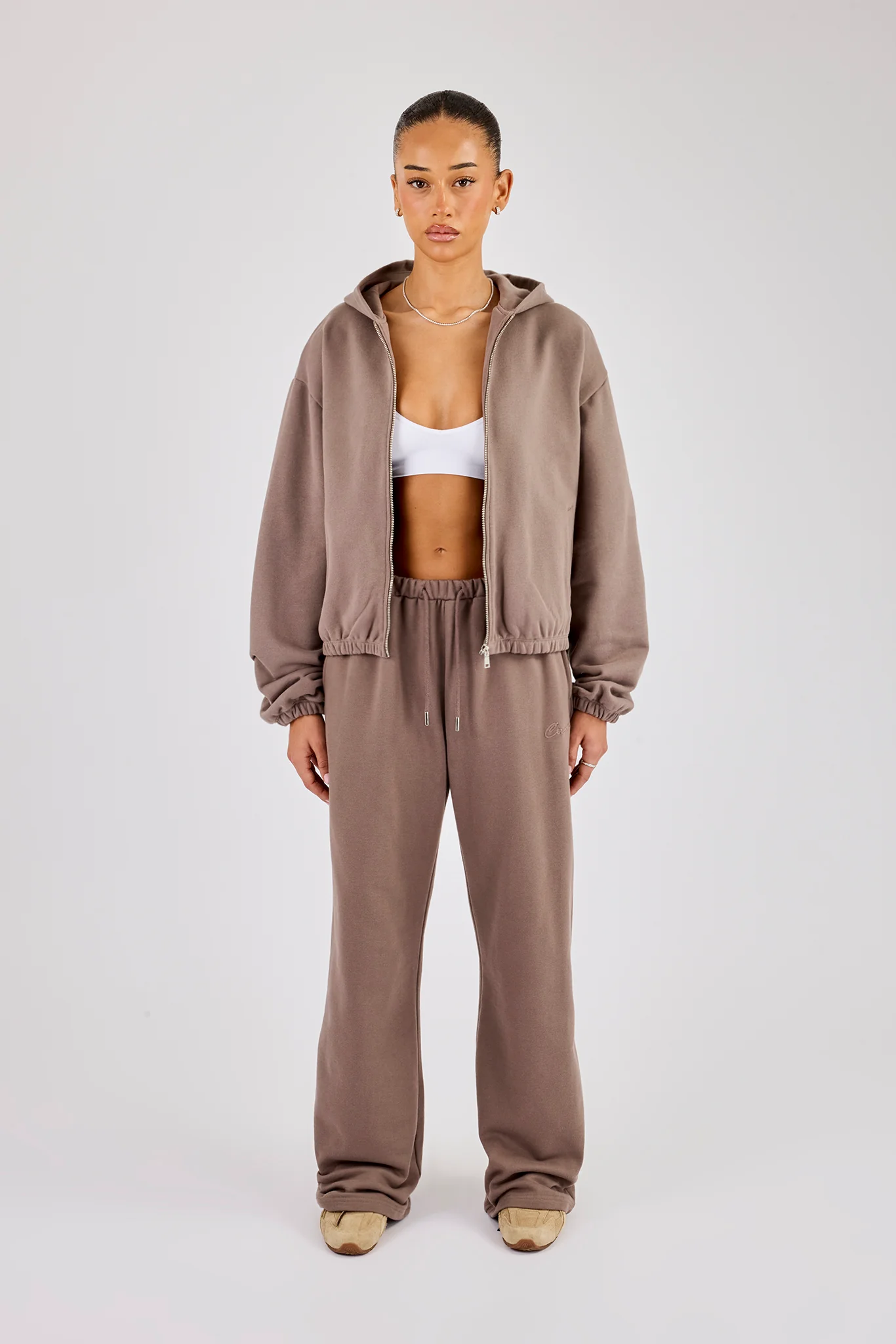 Towelling Applique Zip Hoodie - Taupe - Image 4