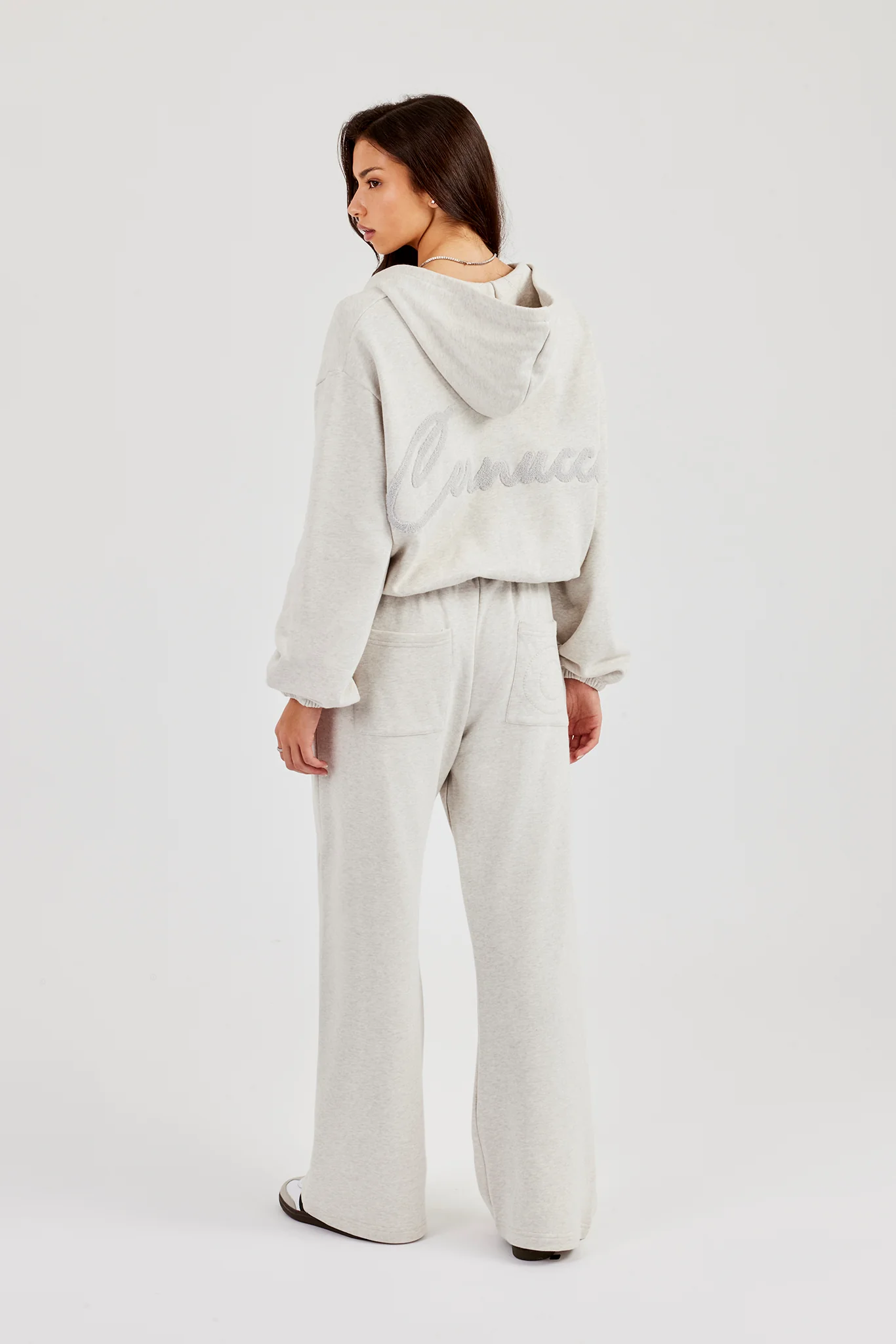 Towelling Applique Zip Hoodie & Wide Leg Jogger - Grey Marl