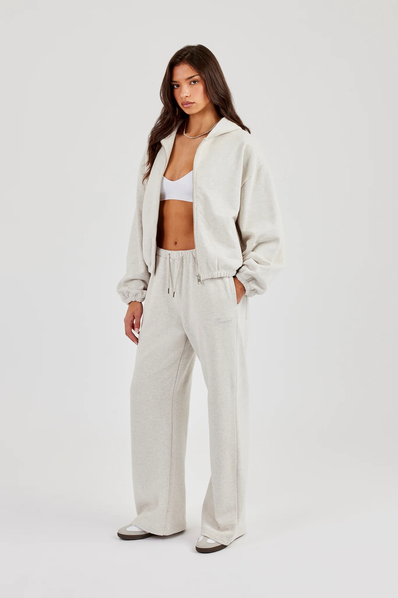Towelling Applique Zip Hoodie & Wide Leg Jogger - Grey Marl - Image 2