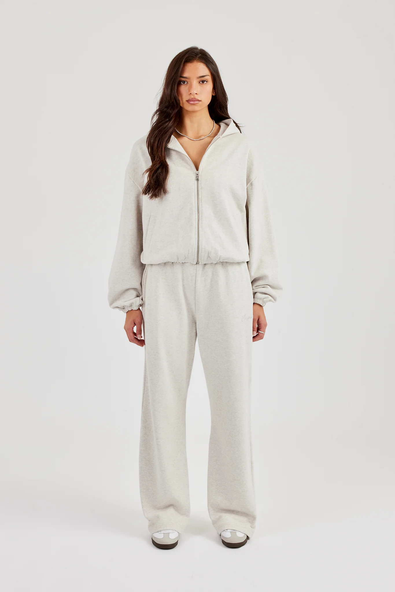 Towelling Applique Zip Hoodie & Wide Leg Jogger - Grey Marl - Image 4