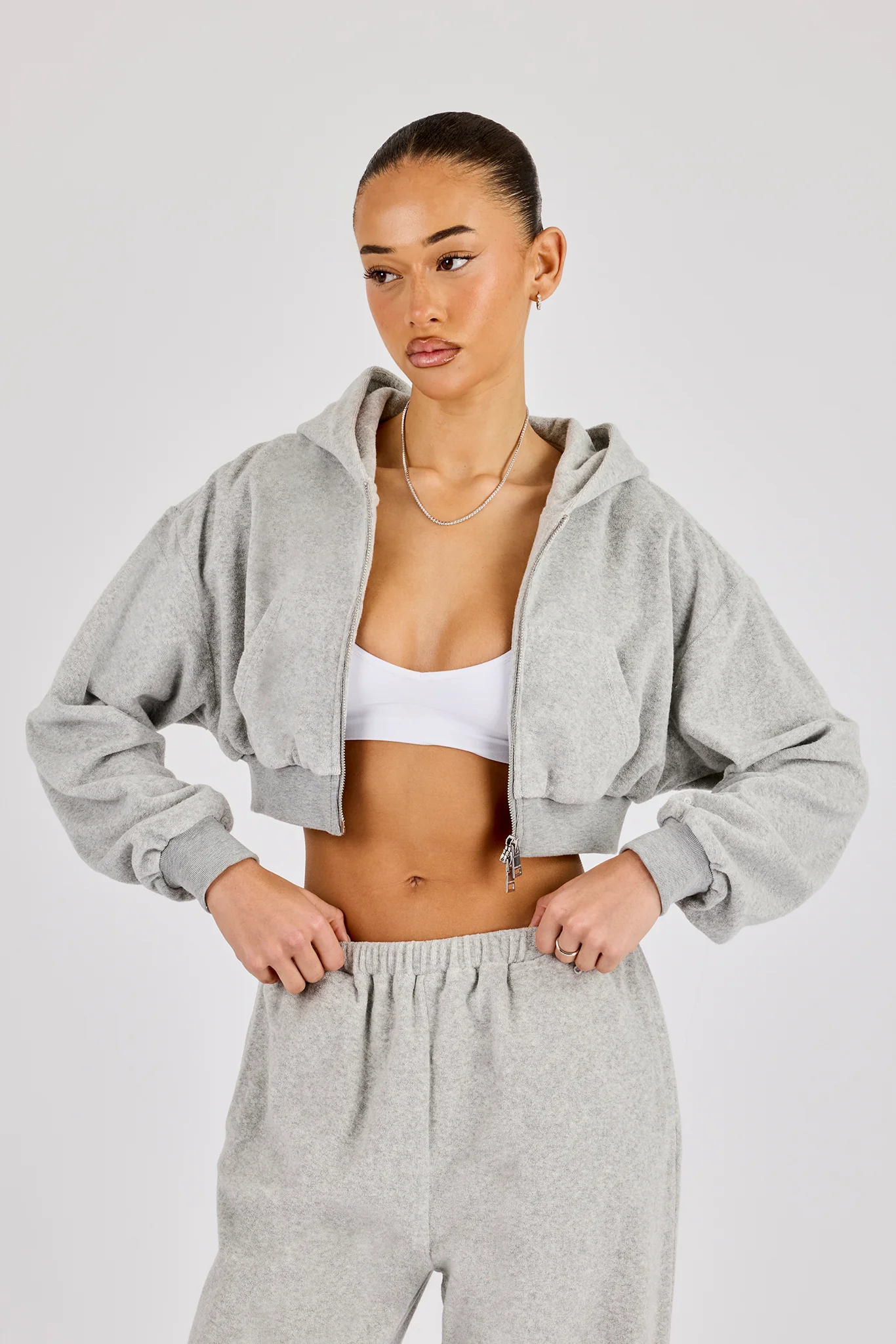 Towelling Cropped Zip Hoodie - Grey - Image 4