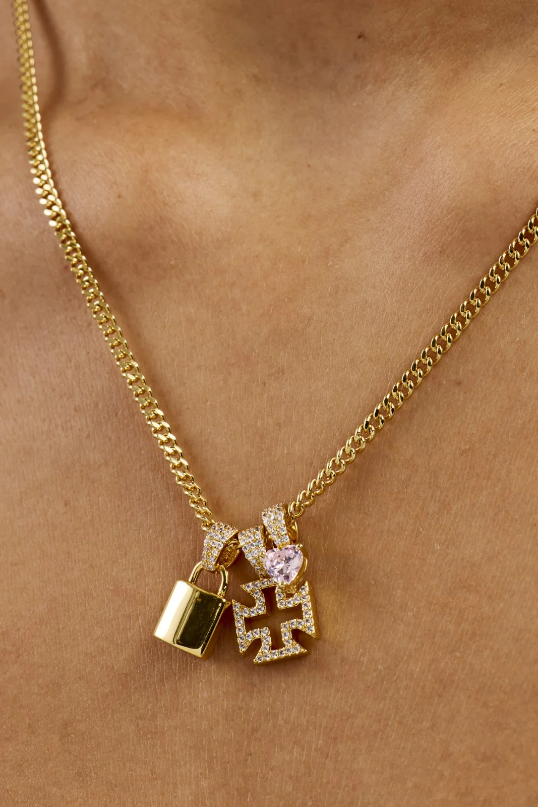 Triple Heart & Lock Pendant Necklace - 10mm - Gold - Image 2