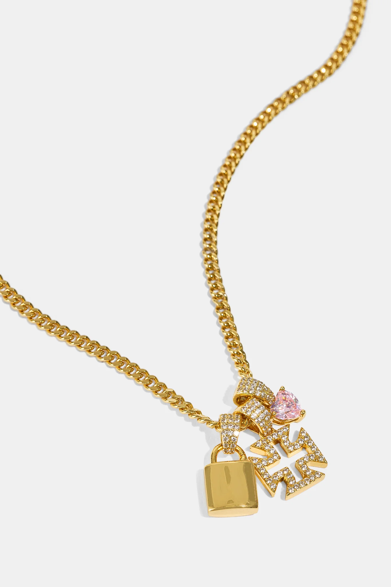 Triple Heart & Lock Pendant Necklace - 10mm - Gold - Image 3